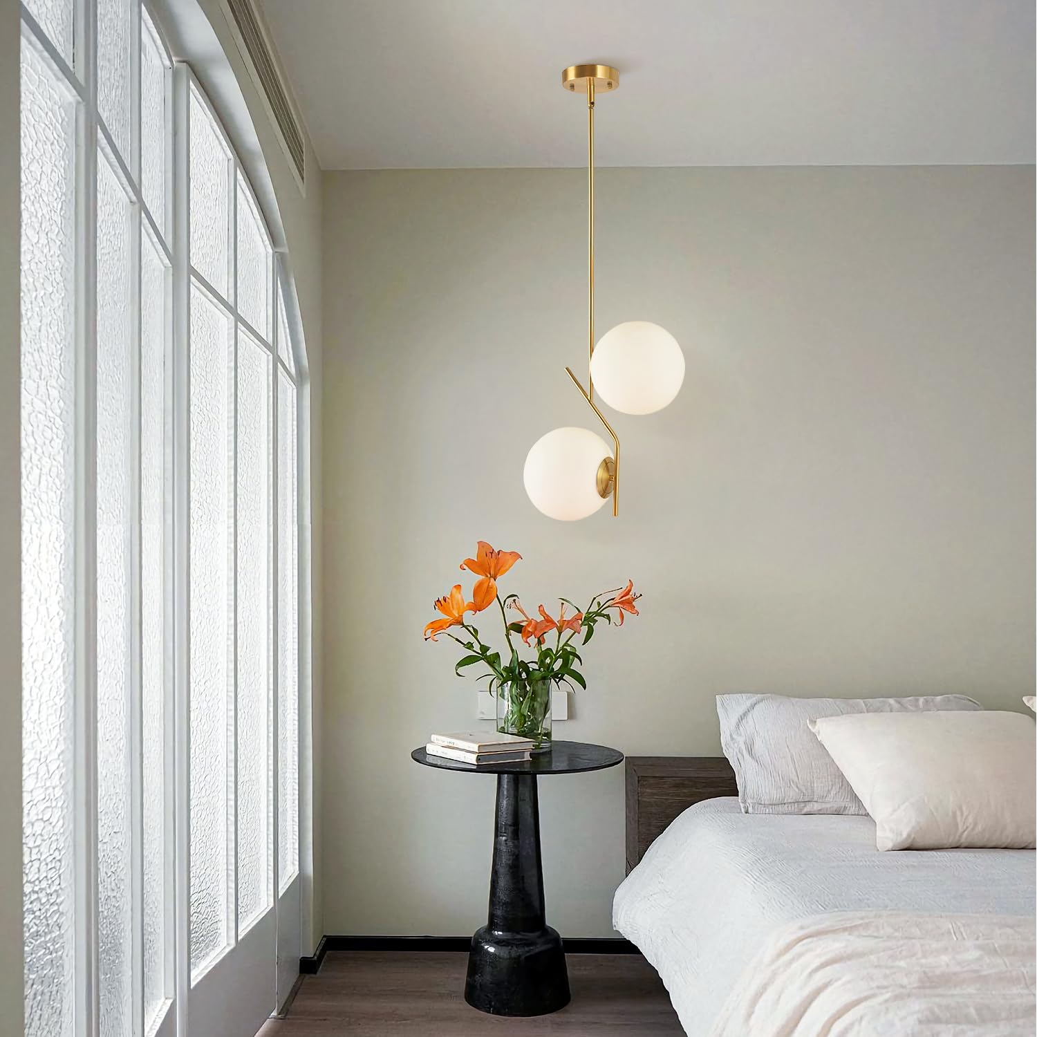 Mid Century Modern 2-Light Globe Pendant Light - Brushed Gold Minimalist Hanging Lamp with White Glass Shade for Kitchen Island, Dining Room & Living Room Ceiling Lighting (Small Size)