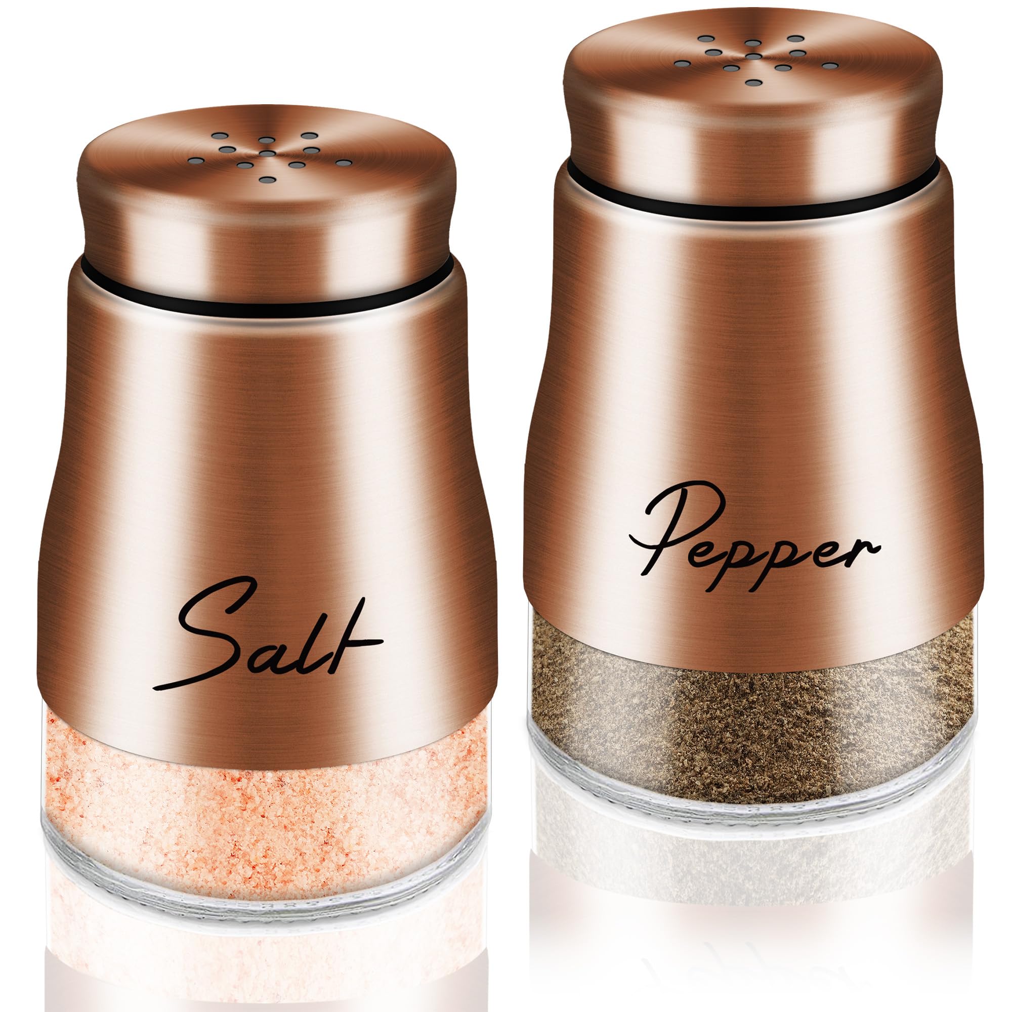 Premium Copper Salt and Pepper Shakers Set - 5 oz Glass Bottoms with Stainless Steel Lids - Modern Farmhouse Kitchen Decor - Perfect for Restaurants, Weddings & Housewarming Gifts (Copper) - Ideal for Dining Tables, Kitchen Countertops & Gift Giving
