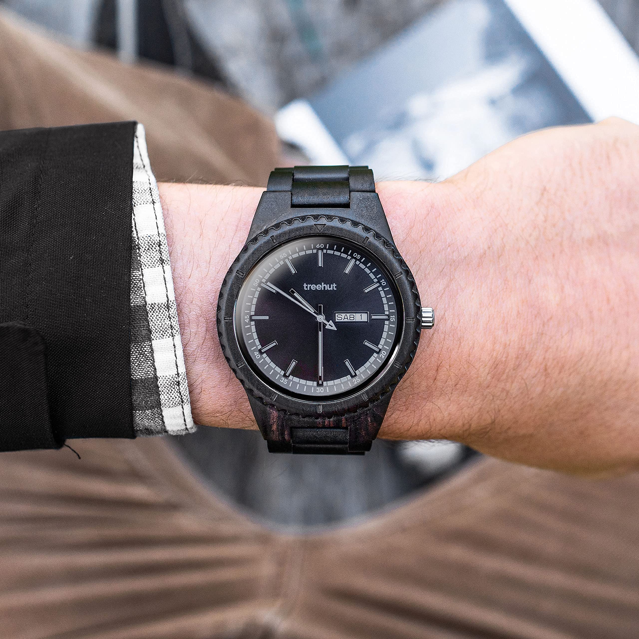 Men's Wooden Watch - Japanese Quartz Movement, Ebony Wood Strap - Stylish & Durable for Outdoor & Office