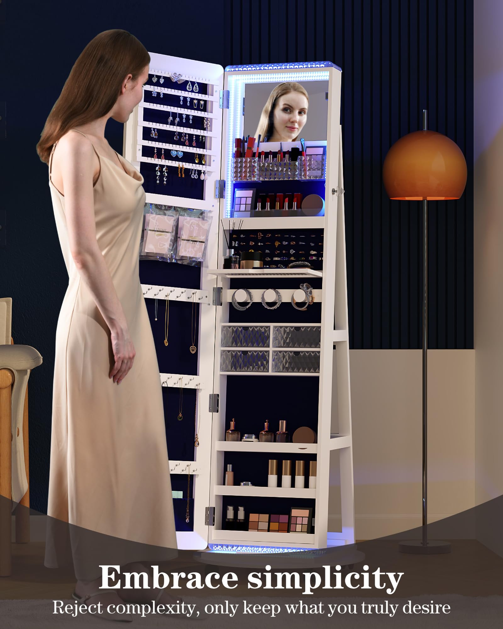360° Swivel Standing Full-Length Mirror Jewelry Cabinet with LED Lights - Jewelry Armoire Organizer with Storage Shelves & Floor Stand - Perfect for Bedroom, Closet, Dressing Room & Vanity Decor