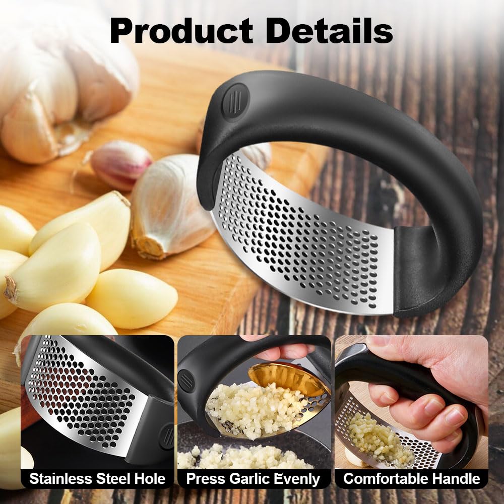 2024 Upgraded Stainless Steel Garlic Press Rocker - Heavy Duty Garlic Crusher & Masher with Peeling Drum - Professional Kitchen Gadget for Chopping, Mincing Garlic - Perfect for Home Cooking, Restaurants & Meal Prep (Gray, 1pc)