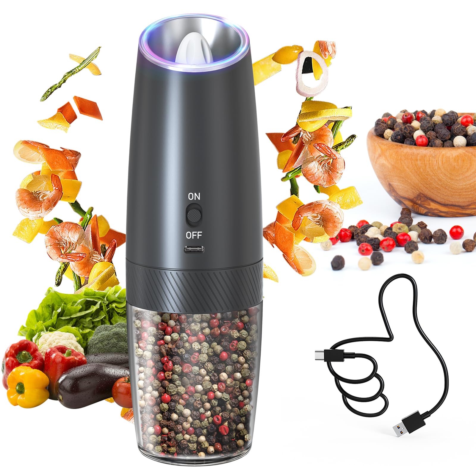Premium Electric Pepper & Salt Grinder Set - Rechargeable Gravity-Operated Mill with LED Light, Adjustable Coarseness, 135ml Washable Container (Black) - Perfect for Kitchen, Dining Table & Outdoor BBQ