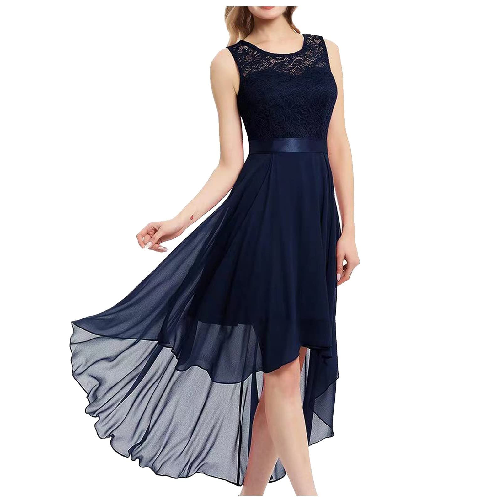 Elegant Women's Summer Sleeveless Round Neck High-Low Casual Dress - Solid Color Lace Asymmetrical Design for Wedding Guest, Beach Party, Date Night & Special Occasions
