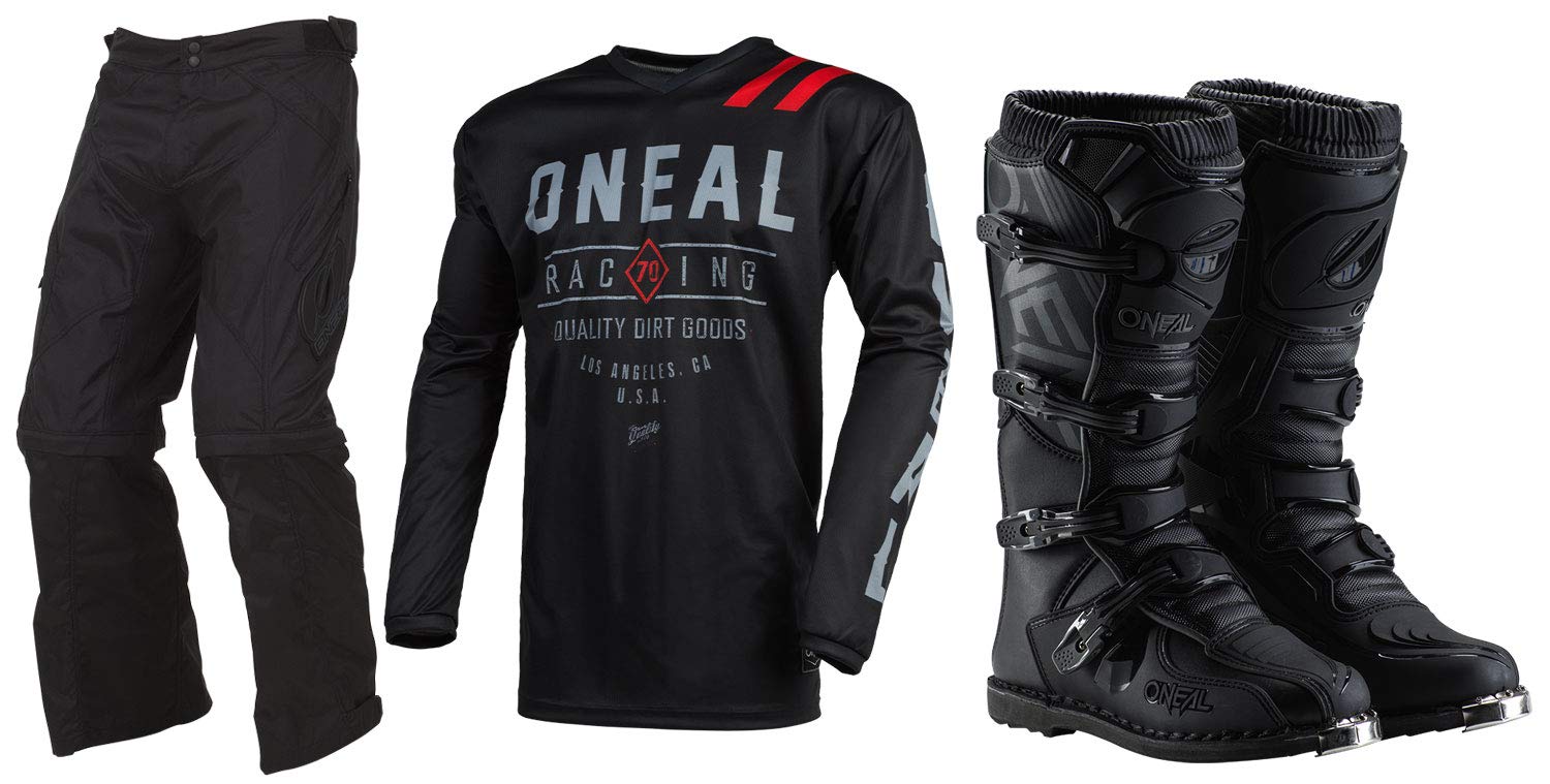 Oneal Element Threat Dirt Bike Jersey & Pants Combo - Black/Red, Medium (MD/W32/Boot 10) - Motocross Racing Gear for Off-Road Trail Riding & MX Practice