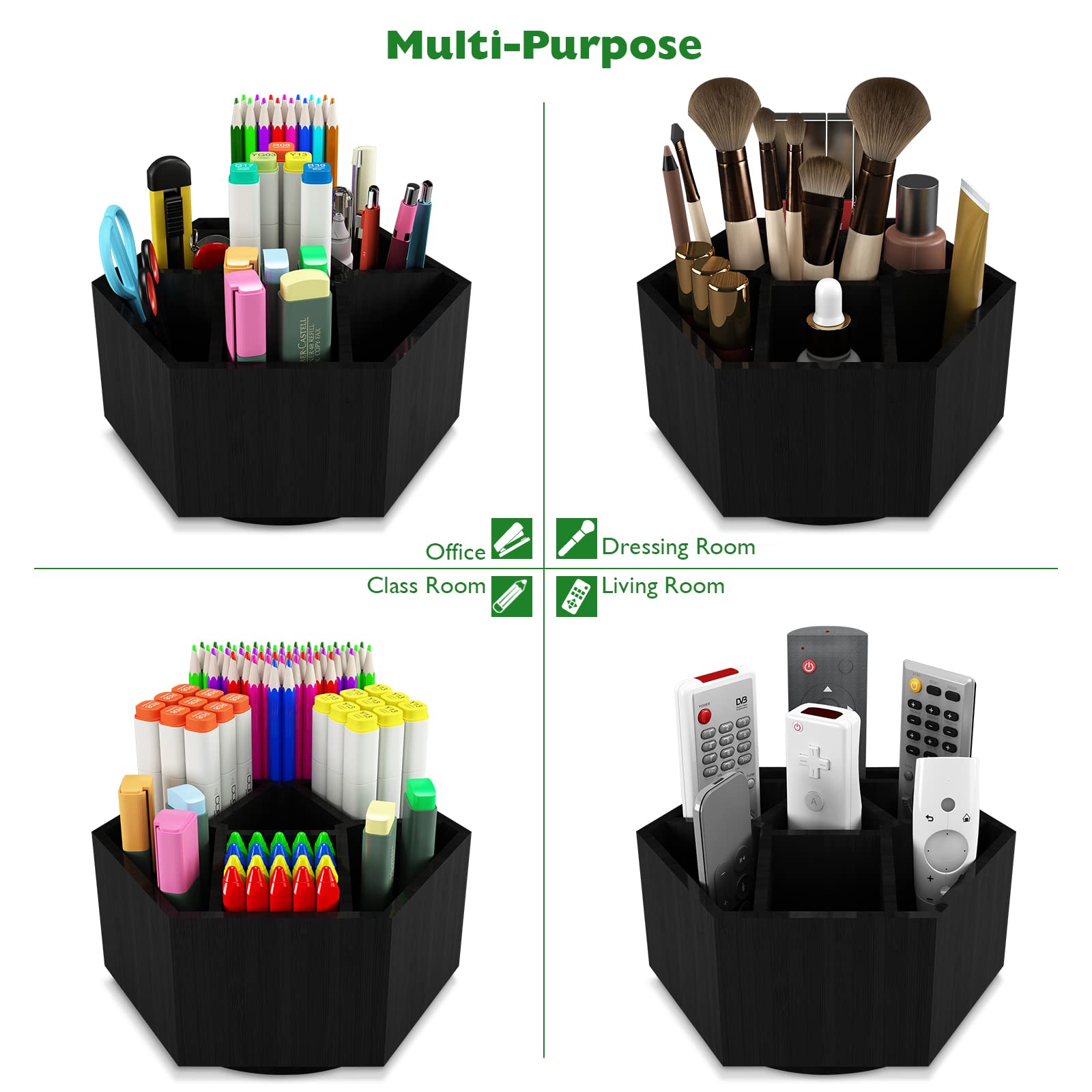 Kids Art Caddy Organizer - 7-Compartment Bamboo Rotating Desk Storage for 325+ Pencils, Markers & Craft Supplies | Perfect for Classroom, Homeschool & Art Studio Organization (Black)