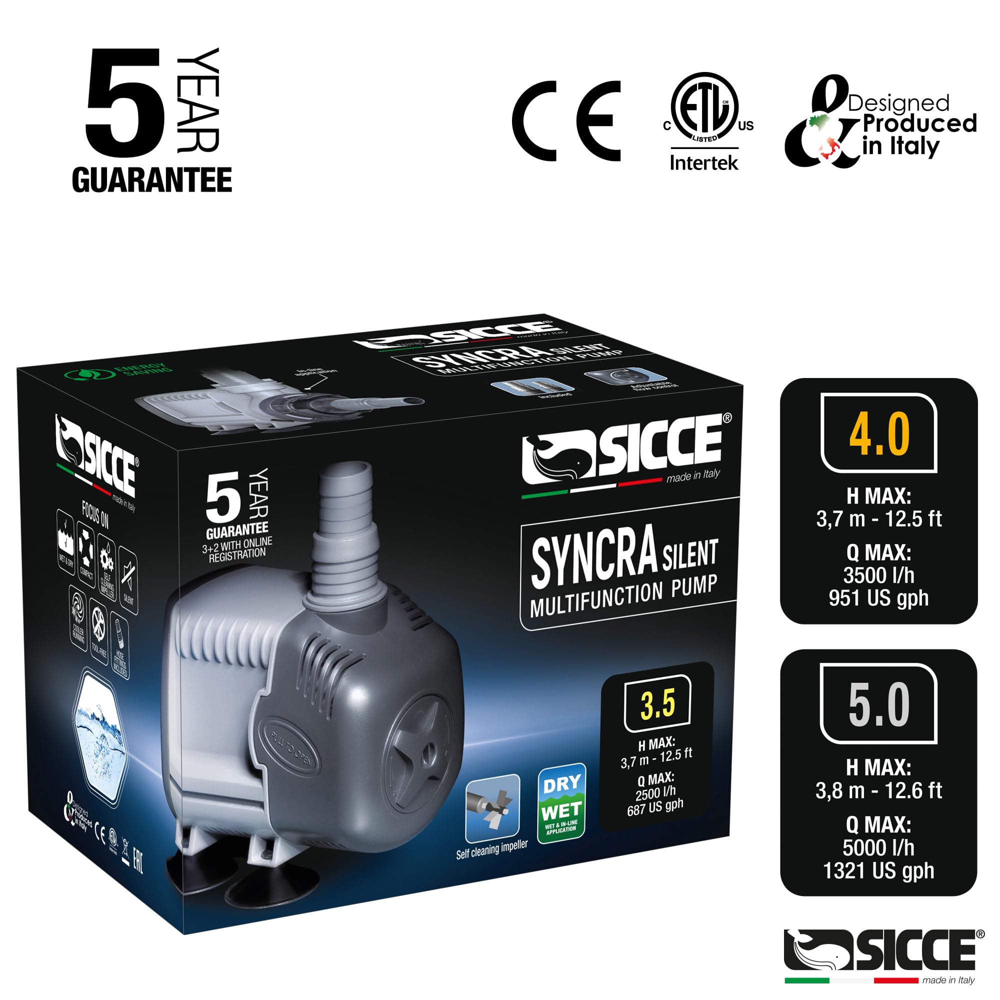 SICCE Syncra Silent 5.0 Submersible Water Pump 1321 GPH - Ultra Quiet Italian Made Aquarium Pump for Fish Tank, Pond, Fountain, Hydroponics | Durable 105W Freshwater & Saltwater Use | Perfect for Home Aquariums, Garden Ponds & Indoor Hydroponic Systems