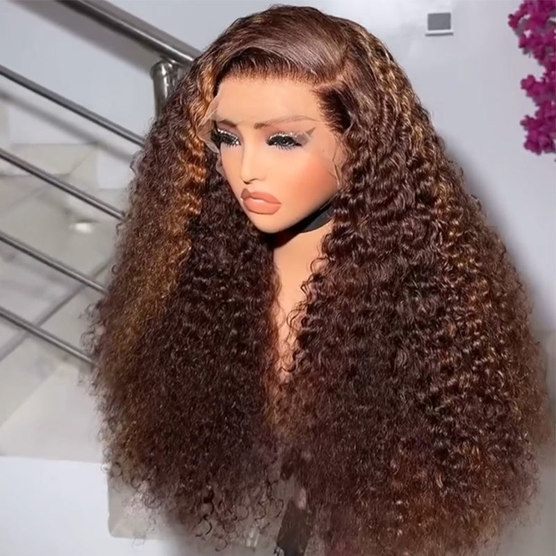 Eullair Brown with Honey Blonde Kinky Curly Human Hair Lace Frontal Wig - Glueless Lace Wigs for Women | Perfect for Daily Wear, Parties & Special Occasions