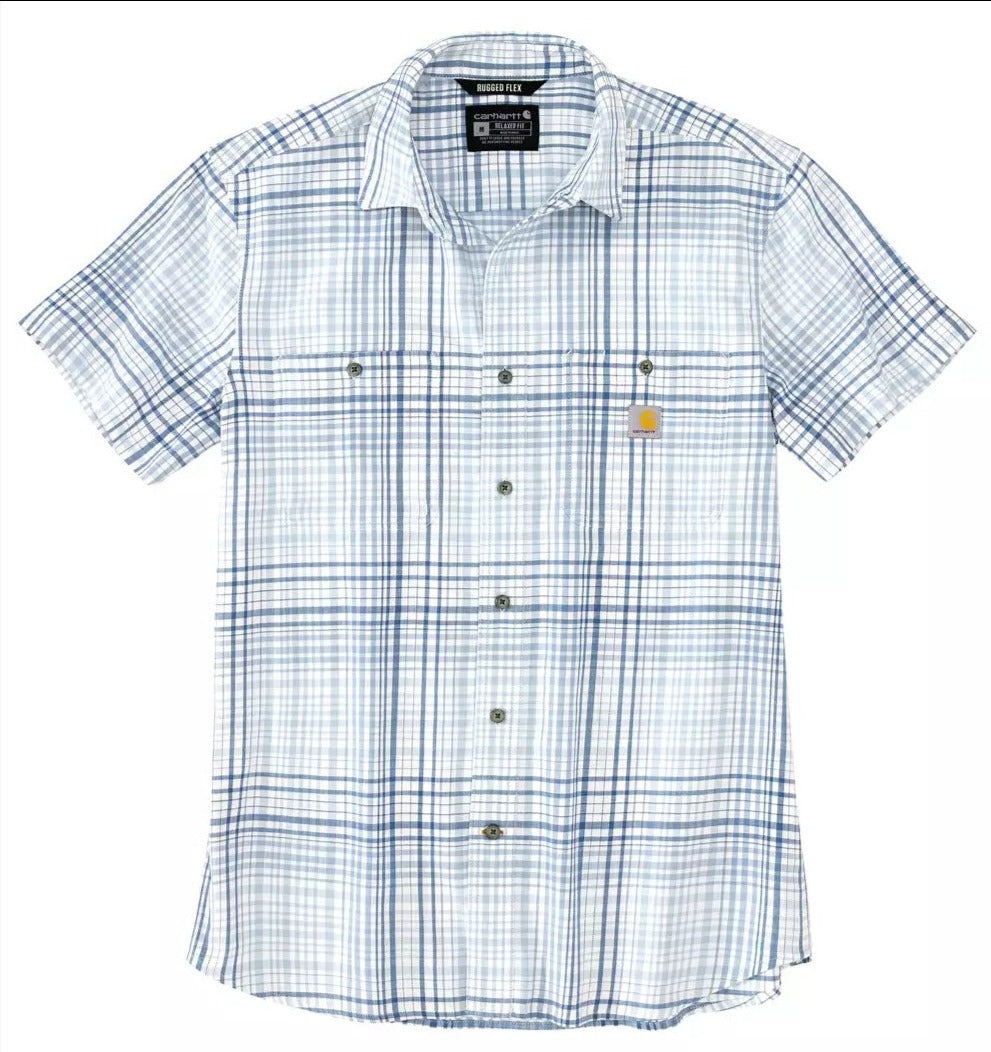 Rugged Flex Relaxed Fit Lightweight Short Sleeve Plaid Shirt for Men - Comfortable Casual Wear in Fog Blue | Perfect for Outdoor Adventures & Everyday Style