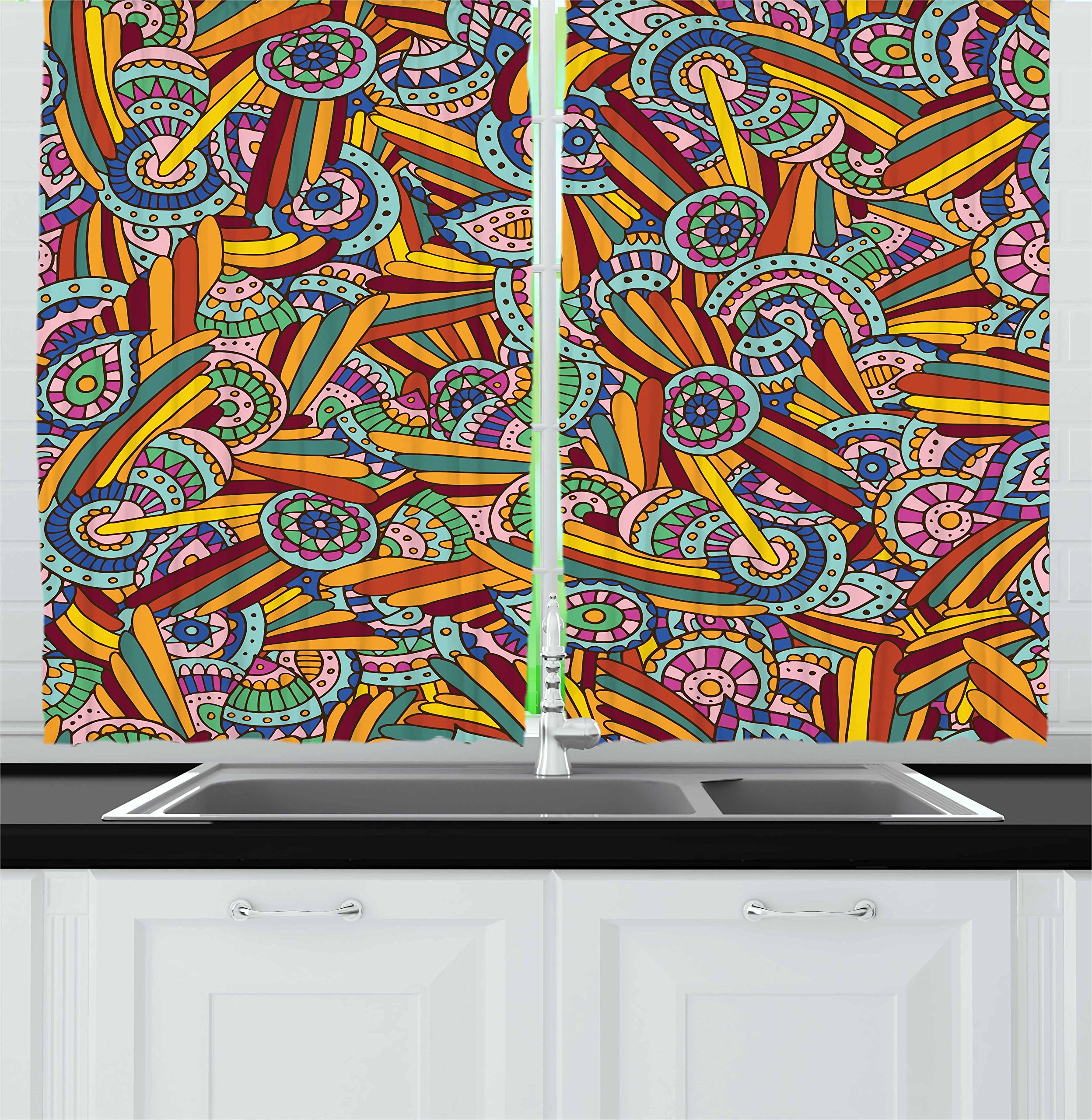 Ambesonne Psychedelic Kitchen Curtains - Funky Hippie Abstract Folkloric Window Drapes, 2 Panel Set for Kitchen & Cafe Decor, 55