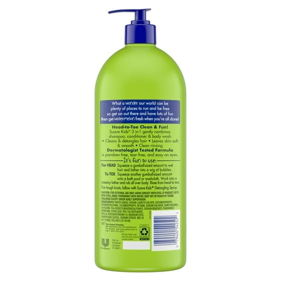 Sua^e Kids 3-in-1 Shampoo, Conditioner & Body Wash - Watermelon Scented, Tear Free Formula, 40 fl oz (Pack of 1) - Gentle Baby & Toddler Bath Essentials for Sensitive Skin | Perfect for Daily Hair & Body Wash Routine