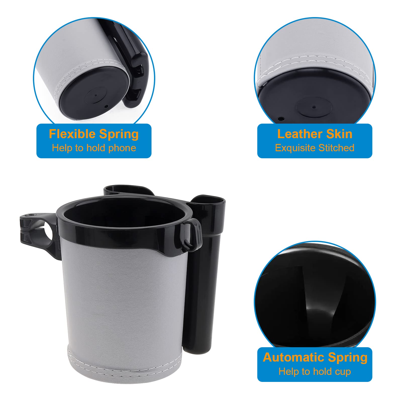 Leather Bike Cup Holder & Water Bottle Holder with Phone/Keys Pocket - Universal Handlebar Mount for Beach Cruiser, Commuter, Road Bikes (Black & Gray) - Perfect for Cycling, Commuting, and Outdoor Adventures