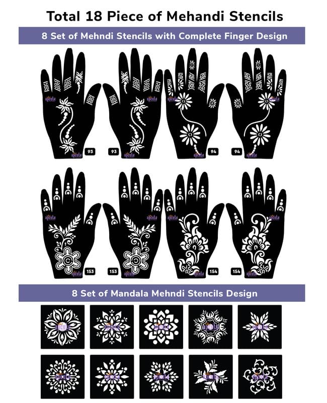 APCUTE 18-Piece Henna Tattoo Stencil Kit - Easy DIY Mehndi Design Stickers for Hands & Feet (Includes 4 Popular Patterns 93,94,153,154) - Perfect for Women, Girls & Kids Birthday Parties, Weddings & Festivals