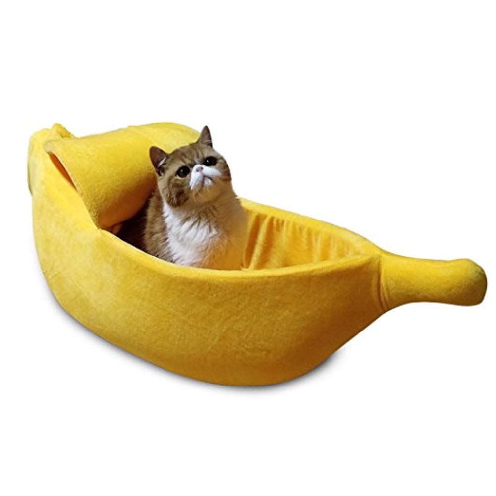 Soft Cute Cat Bed House - Cozy Pet Cuddle Bed for Cats, Kittens, Rabbits & Small Dogs - Banana Design Yellow XL - Perfect for Indoor Napping & Pet Comfort