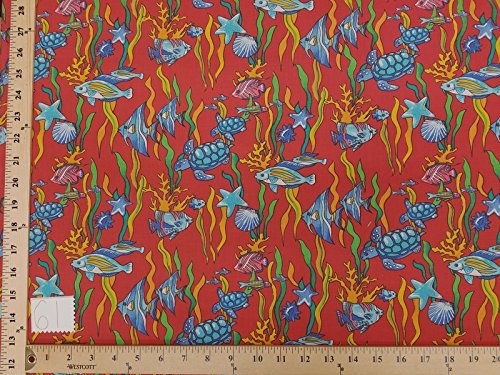 Red & Pink Hawaiian Floral Print Swimwear Fabric - Tropical Turtle Design HP-61 for Beach Coverups, Sarongs & Summer Dresses