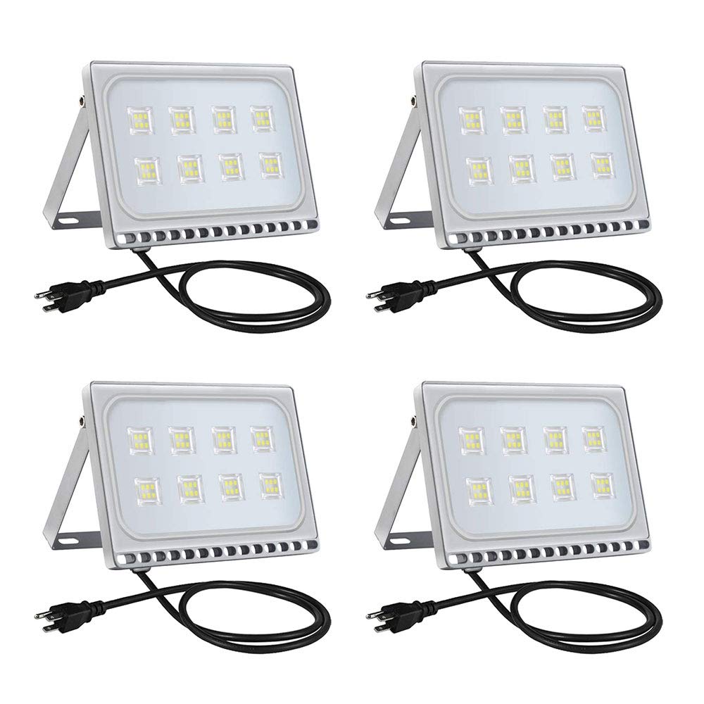 Viugreum 4 Pack 50W LED Flood Lights Outdoor Waterproof IP67 - 110V 5000LM Daylight White (6000K) Super Bright Security Wall & Landscape Lighting with US Plug - Perfect for Driveway, Garden, Backyard, and Commercial Area Illumination