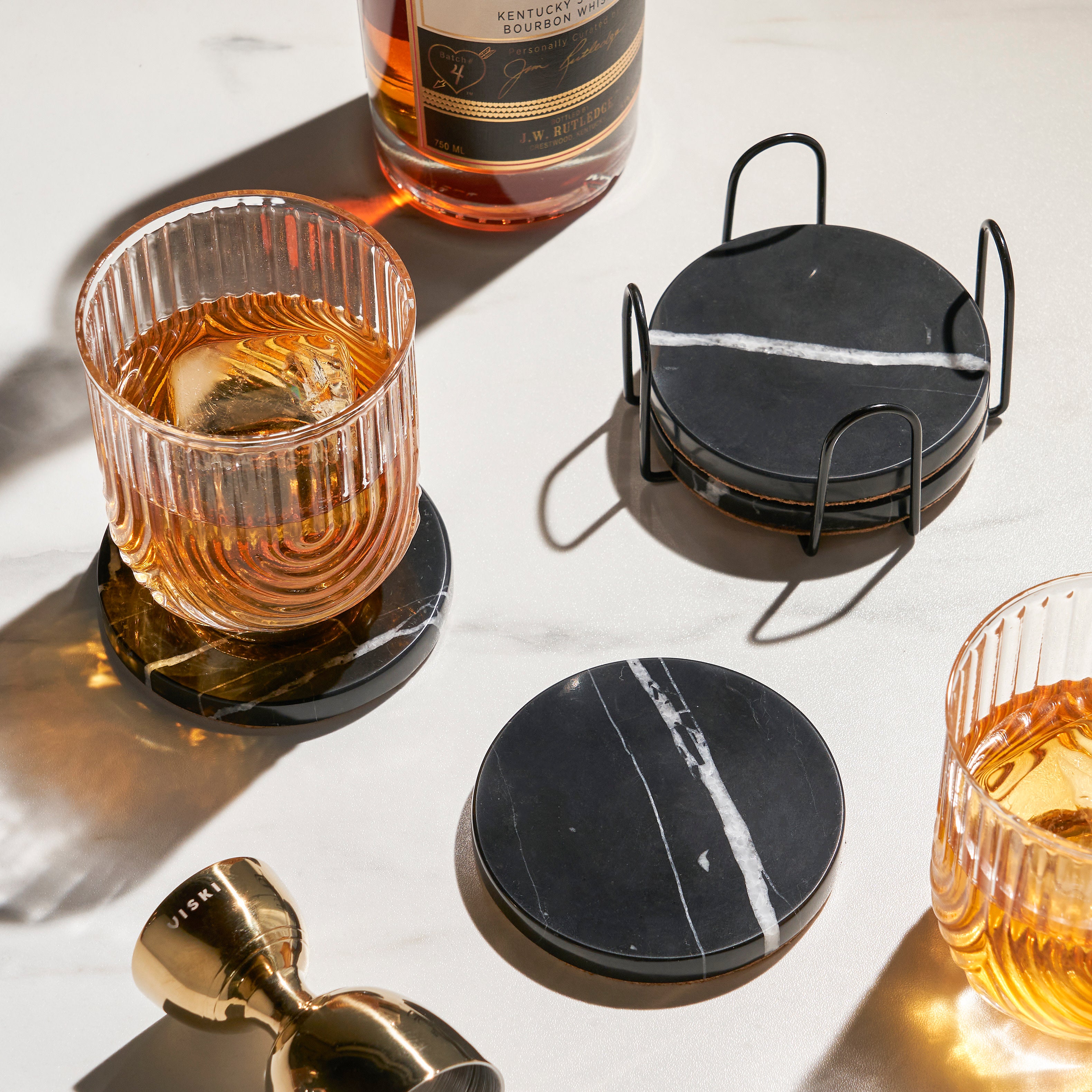Premium Black Marble Coaster Set of 4 - Elegant Drink Coasters for Coffee Tables, Bars & Home Decor - Waterproof & Heat-Resistant Stone Coasters for Drinks, Glasses & Hot Beverages