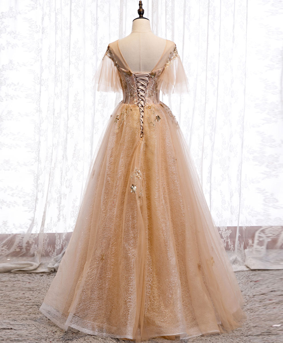 Elegant Champagne Round Neck Tulle Lace Long Prom Dress for Formal Evening Gowns - Perfect for Homecoming, Quinceañera, Wedding Guest & Special Occasions