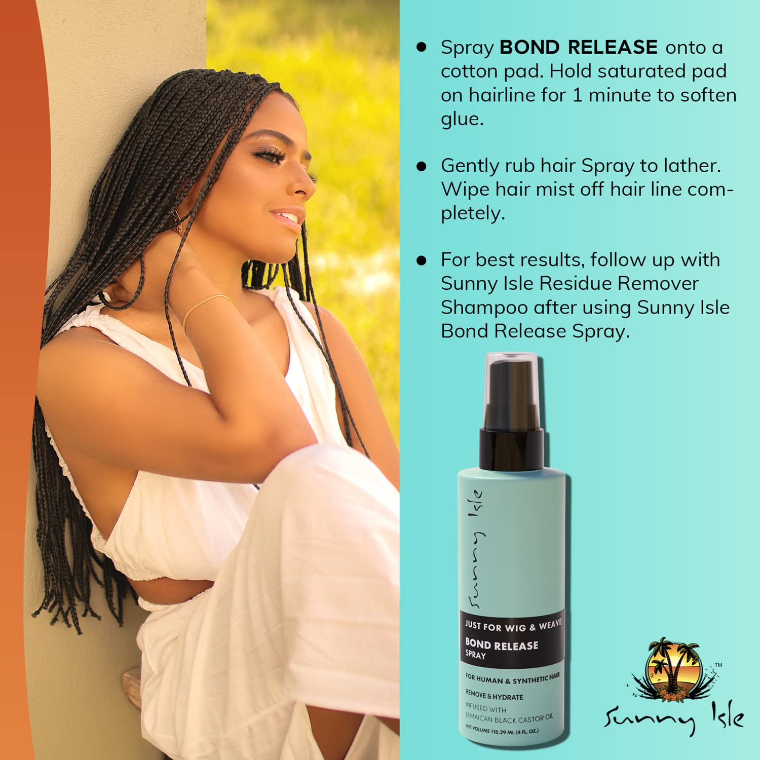 Sunny Isle Bond Release Spray for Wigs, Weaves, Braids & Extensions – 4oz | Works on Synthetic & Natural Hair | Jamaican Black Castor Oil Formula | Alcohol-Free Hairspray | Perfect for Salon, Styling & Hair Maintenance
