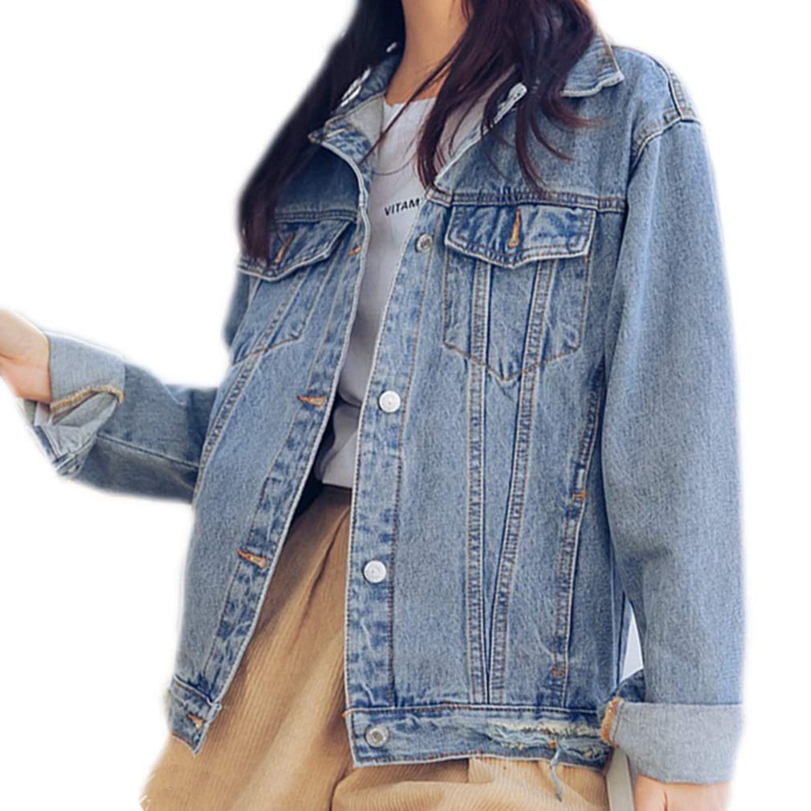 Distressed Oversized Denim Jacket for Women - Vintage Boyfriend Style Jean Coat with Frayed Details | Perfect for Casual Outfits, Streetwear Fashion & Layering in Fall/Spring