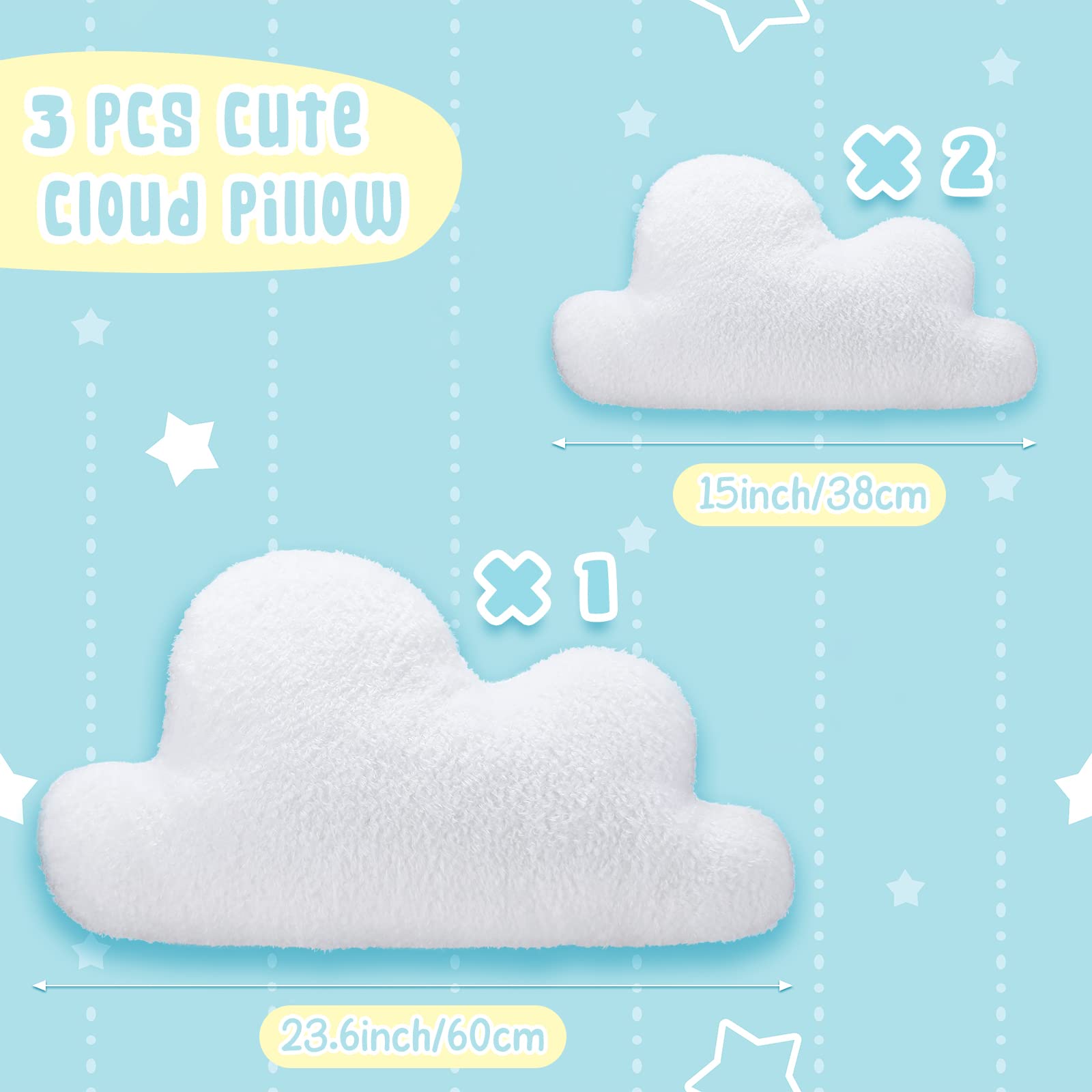 3 Pack Cloud Shaped Throw Pillows - Soft Decorative Cushions for Kids & Girls (23.6