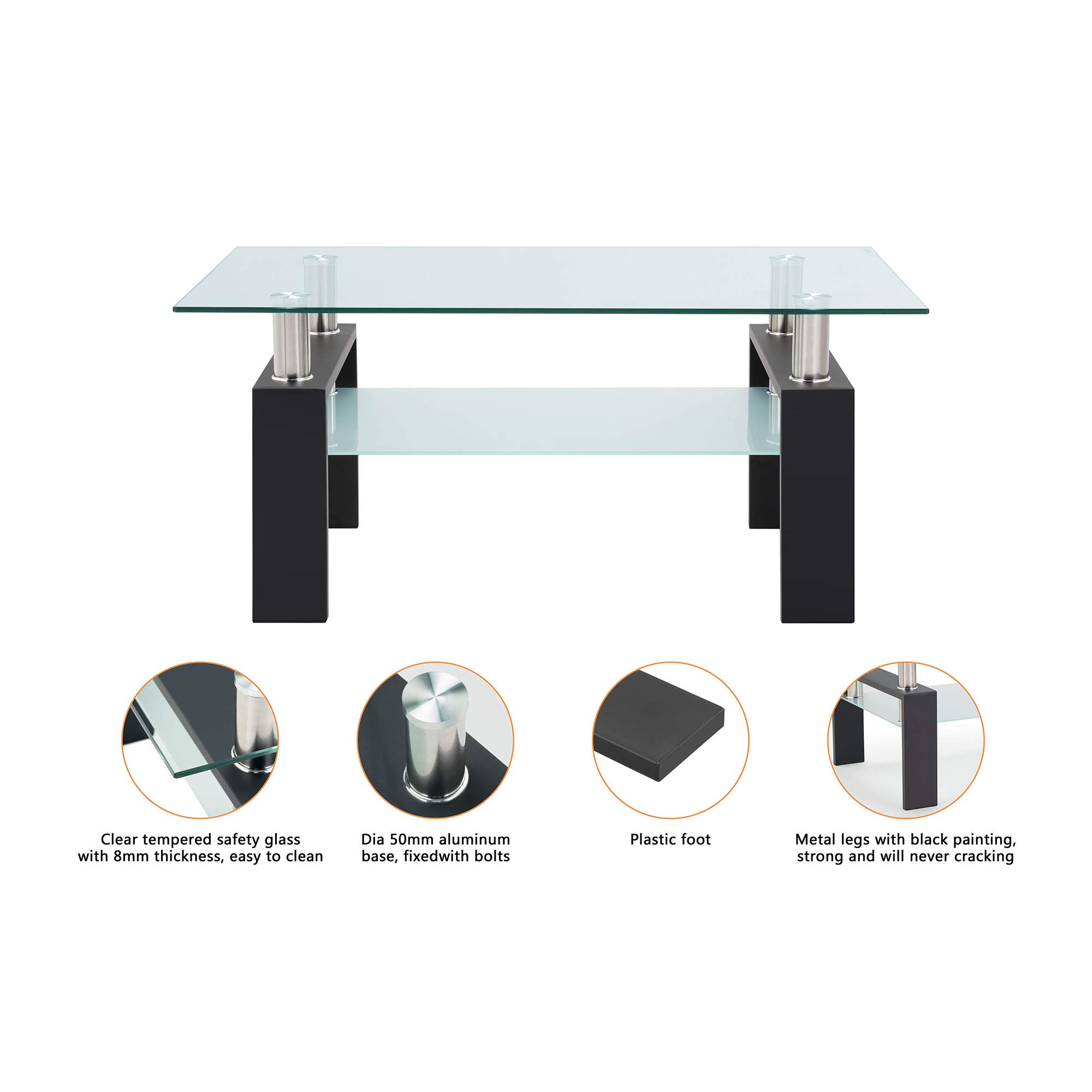 39.7 Inch Clear Glass Coffee Table for Living Room - Modern Rectangle Glass Coffee & Tea Table with Tempered Safety Glass - Perfect for Small Spaces, Apartments & Lounge Areas (39.7