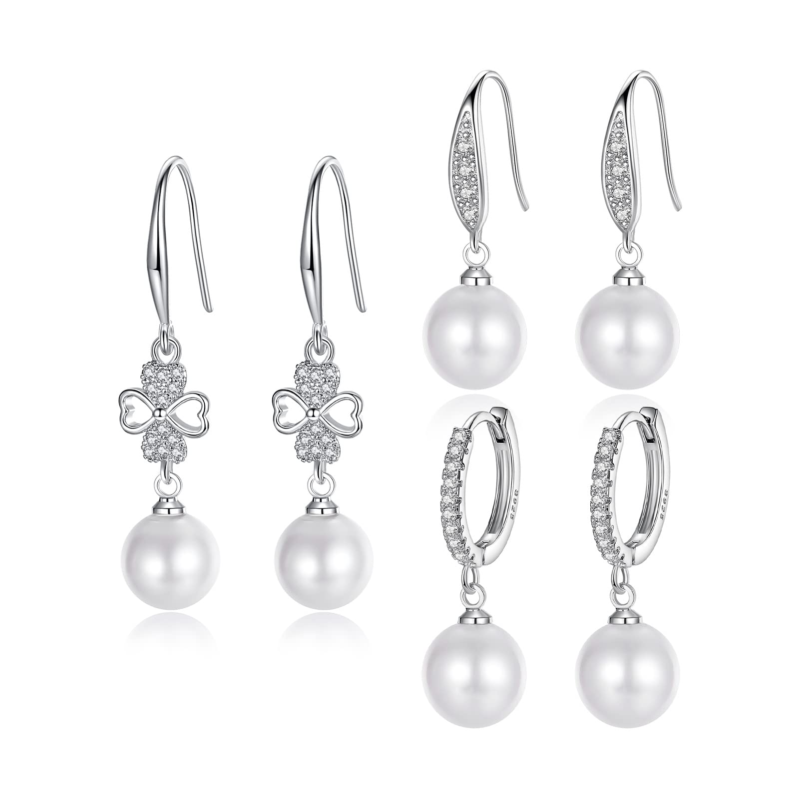 925 Sterling Silver Pearl Drop Earrings for Women – Hypoallergenic Cubic Zirconia Dangle Hoop Earrings Set | Perfect Gift for Mother, Brides & Special Occasions