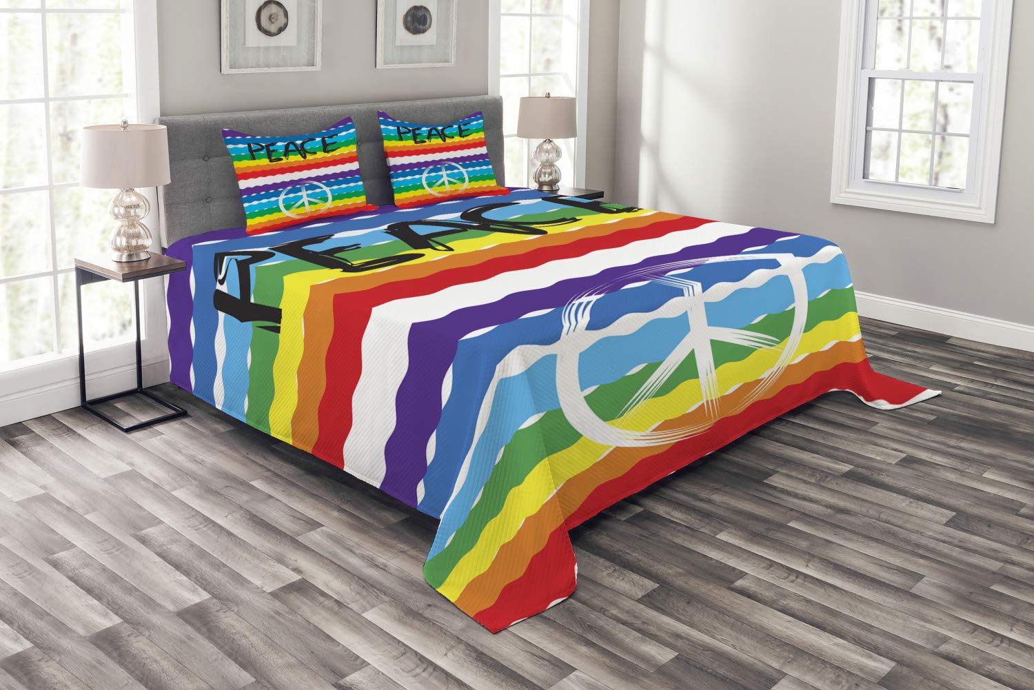 Ambesonne Retro King Size Bedspread Set - Modern Peace Typography & Wavy Rainbow Stripes, 3-Piece Quilted Coverlet with 2 Pillow Shams | Bohemian Bedroom Decor, Dorm Room Essentials, Unique Gift for Home