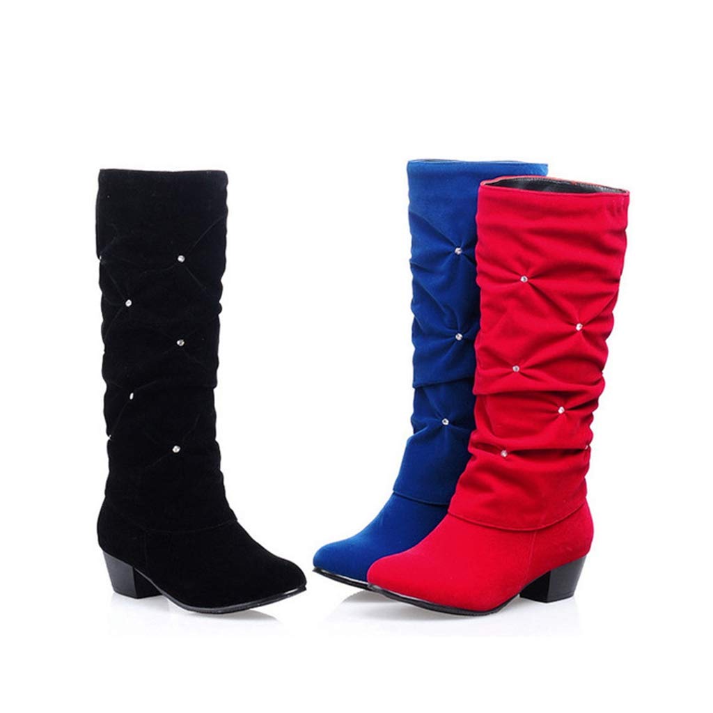 MIOKE Women's Rhinestone Round Toe Suede Riding Boots - Mid Calf Slouch Dress Boots with Low Heel for Comfort & Style | Perfect for Casual Outfits, Office Wear & Winter Fashion