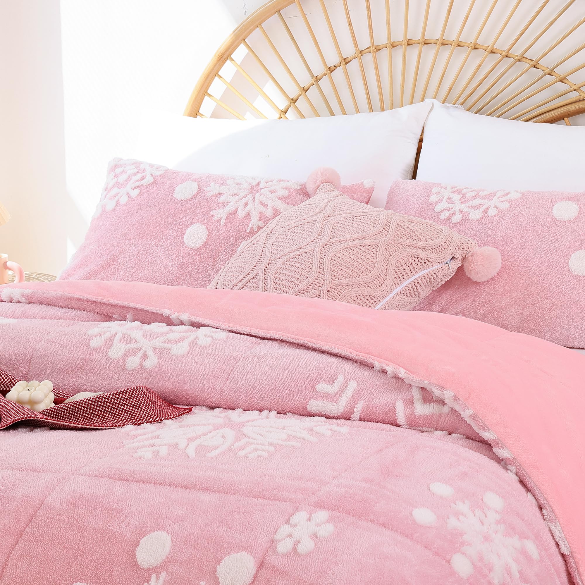 JANZAA Pink Velvet Christmas Comforter Set Queen Size - 3 Piece Soft Fluffy Bedding with 3D White Snowflake Design for Holiday Decor & Cozy Winter Nights