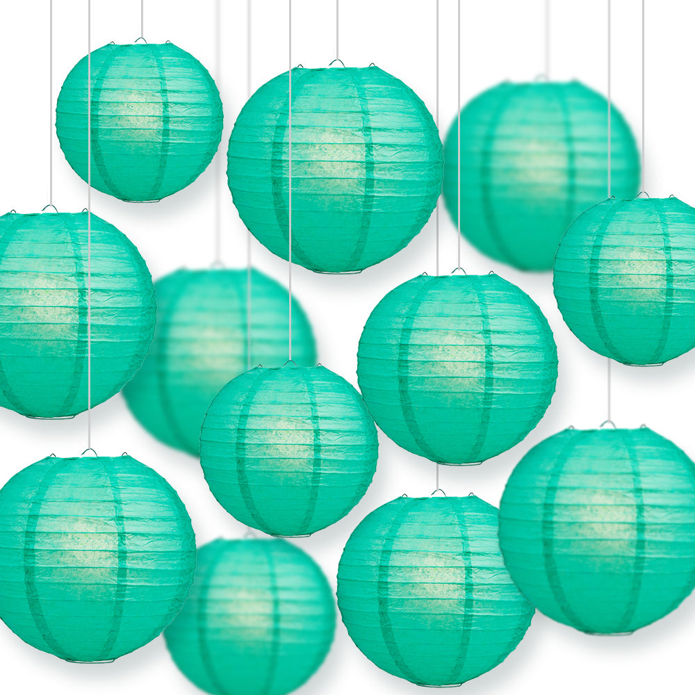 12 Pack Teal Green Paper Lanterns - Chinese Hanging Wedding & Party Decorations Set (12/10/8 Inch) - Perfect for Birthday, Baby Shower, Festival and Home Decoration
