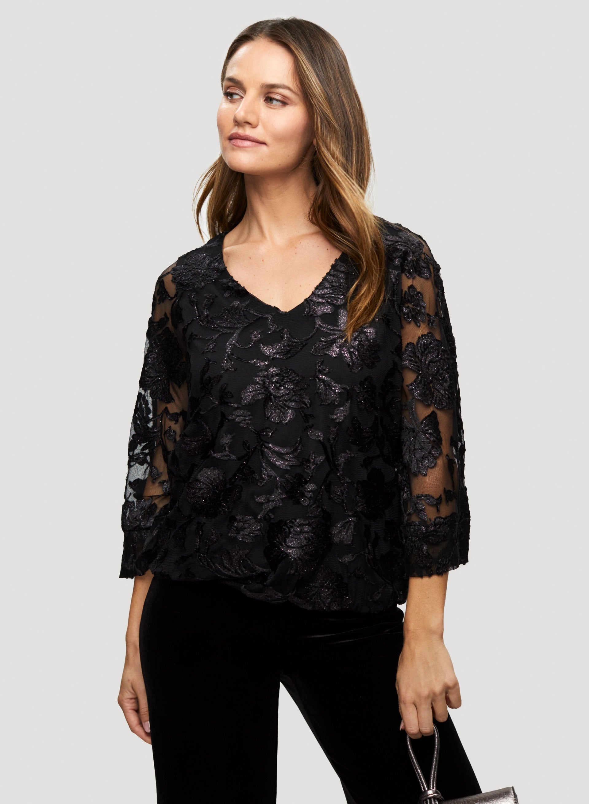 Floral Burnout Velour Top for Women - Soft & Stylish Long Sleeve Blouse for Fall & Winter - Perfect for Casual Outings, Date Nights & Office Wear