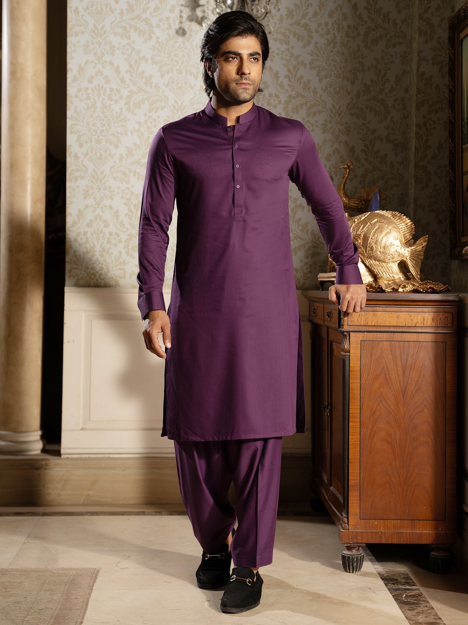 Blended Burberry Deep Purple Kurta Trouser by J. Junaid Jamshed - Elegant Ethnic Outfit for Weddings & Festive Occasions