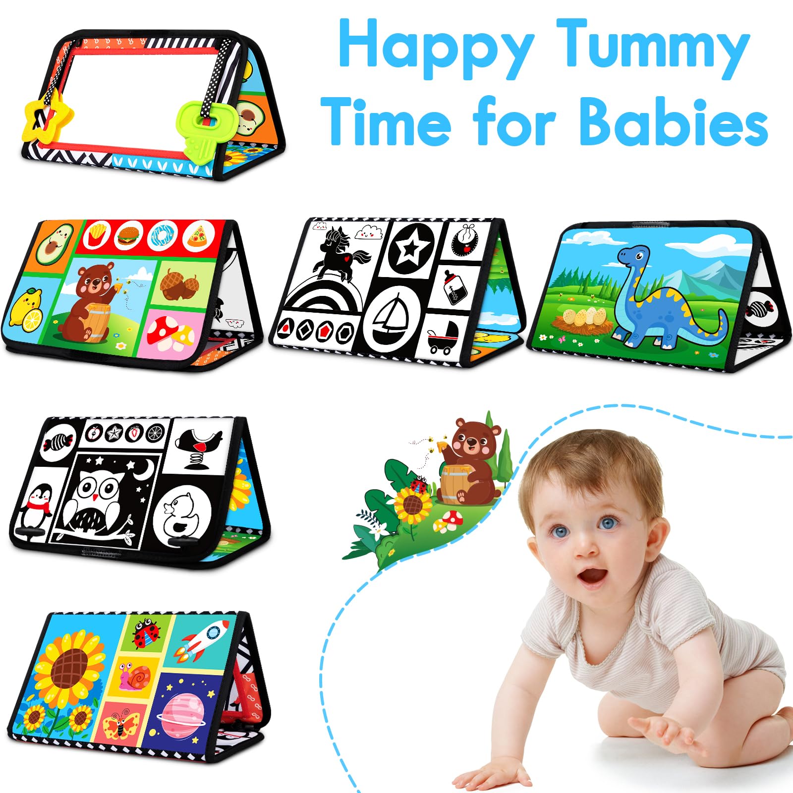 Montessori Baby Mirror Toy for Tummy Time - High Contrast Sensory Toy with Crinkle Book & Teether for Brain Development - Newborn Infant Toys 0-12 Months - Perfect Baby Shower Gift for Boys & Girls - Great for Playtime, Learning & Early Childhood Development