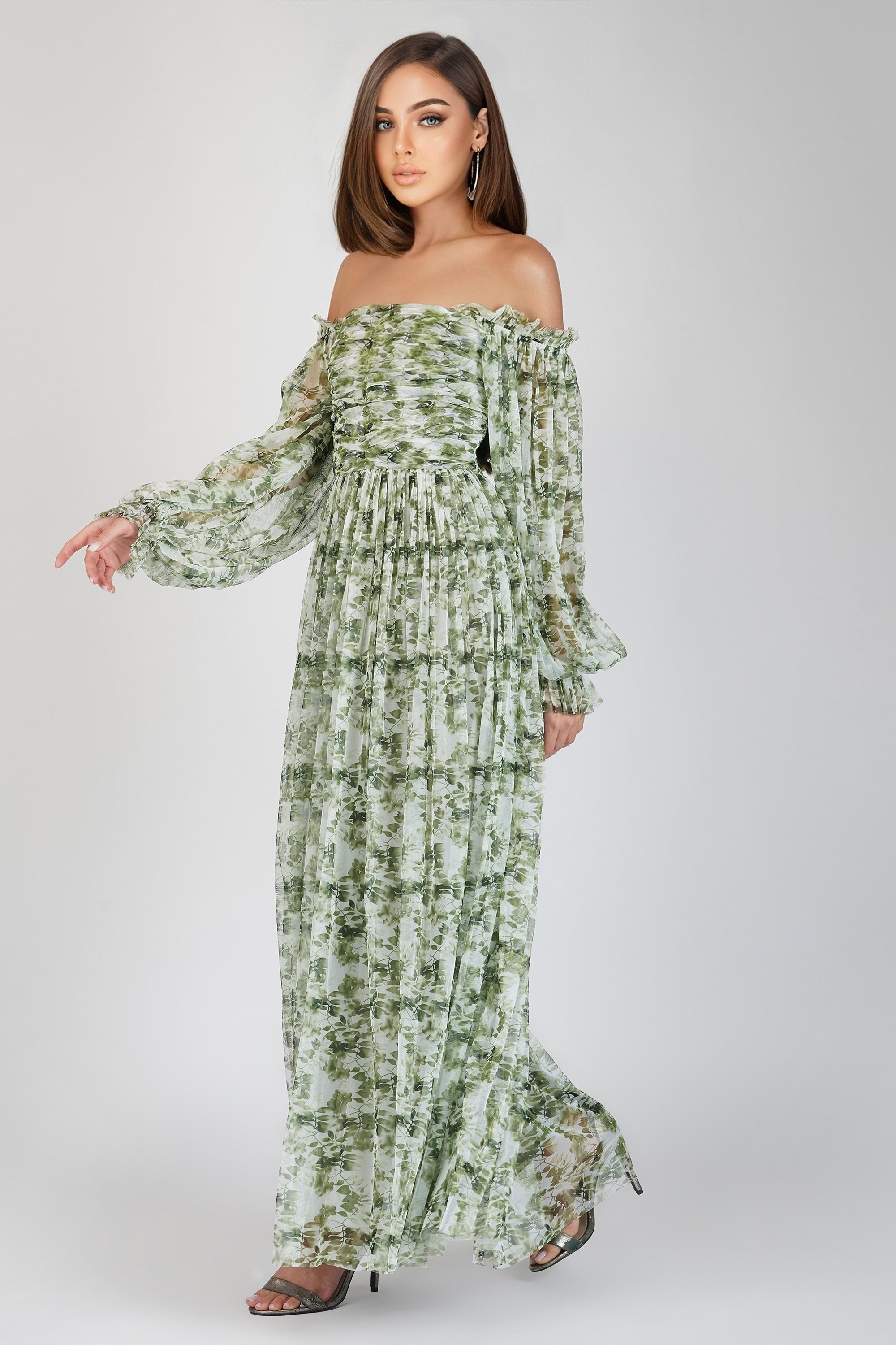 Lana Green Floral Printed Tulle Dress for Women - Elegant Party Gown for Weddings, Prom, Evening Events & Special Occasions