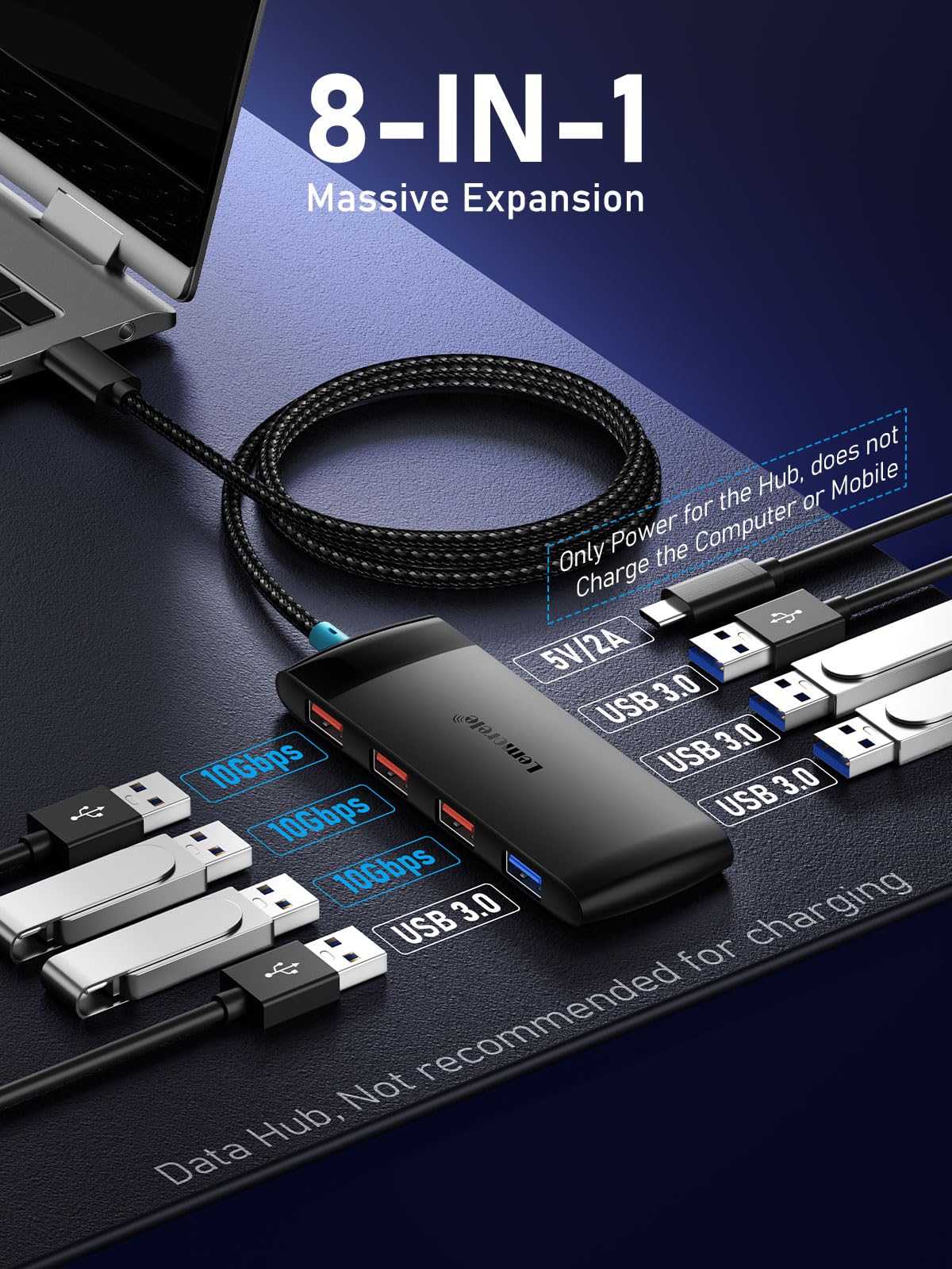 Premium 7-in-1 USB C Hub with 3x USB 3.2 (10Gbps) & 4x USB 3.0 (5Gbps) Ports + 5V/3A Charging Port - USB C to USB Adapter for MacBook Pro/Air, Dell, HP Laptops, iPad Pro, iPhone 15 Series - 1.97ft Cable - Perfect for Office Work, Gaming & Mobile Device Charging