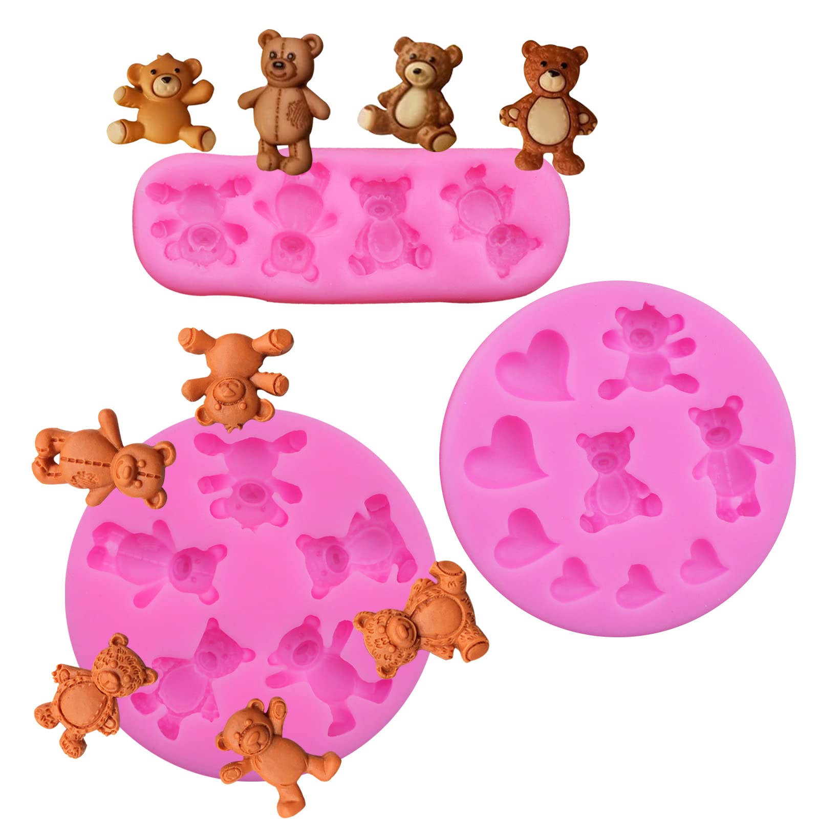 3-Piece Bear Silicone Mold Set - Valentine's Day Fondant Molds for Chocolate, Candy, Gum Paste & Polymer Clay - Cute Bear Cake Decorating Tools for DIY Baking & Crafts (Perfect for Valentine's Gifts, Birthday Parties & Home Baking Projects)