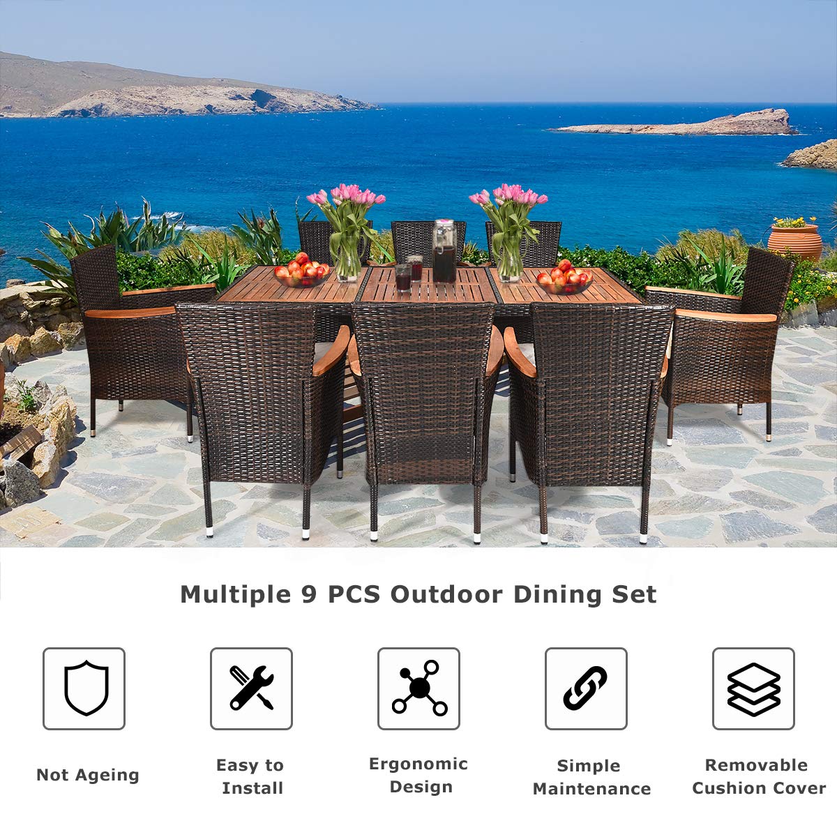 Tangkula 9-Piece Outdoor Dining Set with Acacia Wood Table & Stackable Armchairs - Patio Garden Furniture with Weather-Resistant Wicker & Cushions - Perfect for Backyard BBQs, Poolside Dining & Outdoor Entertaining