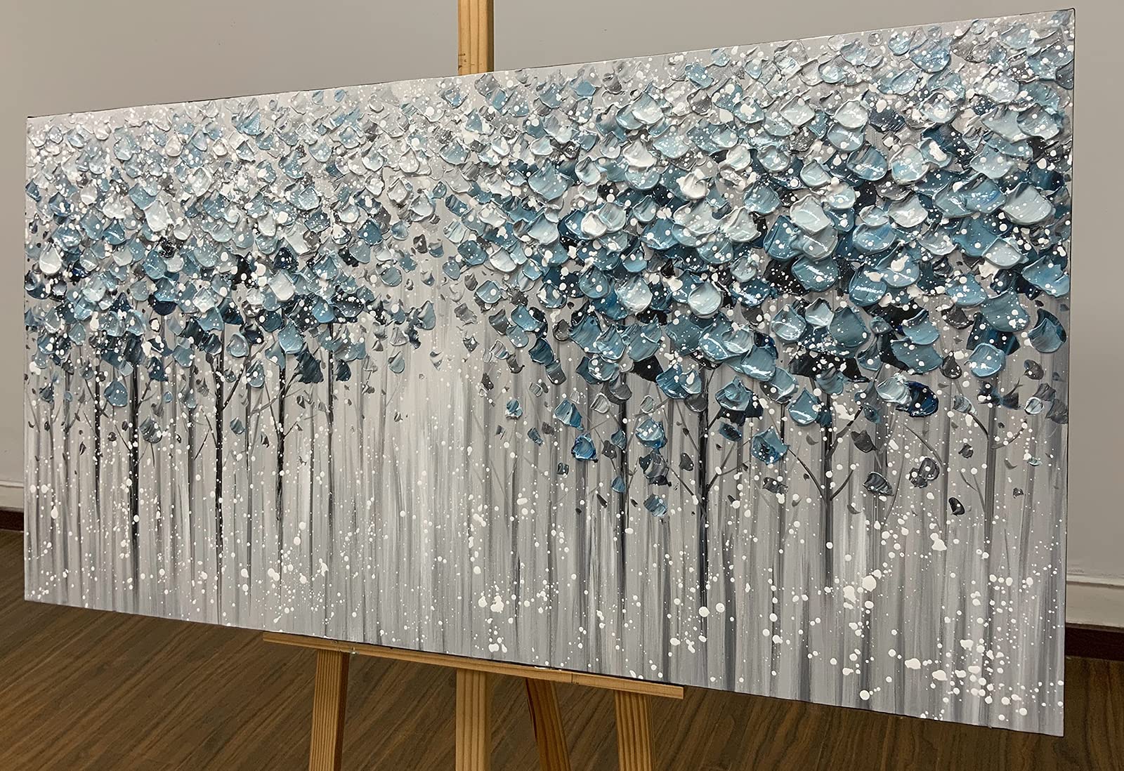 Yotree 24x48 Inch Blue Forest 3D Oil Painting on Canvas - Heavy Texture Acrylic Wall Art, Wood Framed & Ready to Hang - Perfect for Living Room, Bedroom, or Office Decor