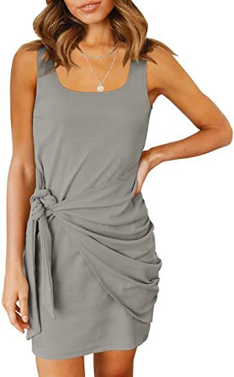 L'ASHER Women's Summer Sleeveless Scoop Neck Ruched Tie Waist Bodycon Mini Dress - Casual Beach Tank Dress for Vacation, Party & Date Night