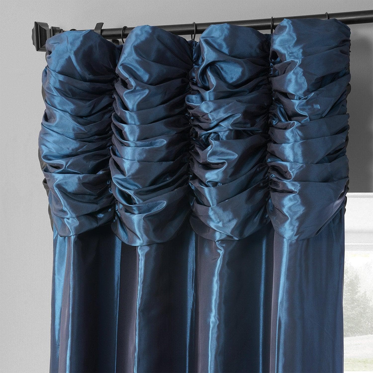 Navy Blue Ruched Faux Silk Taffeta Blackout Curtains for Bedroom - Elegant Room Darkening Window Drapes for Living Room & Nursery