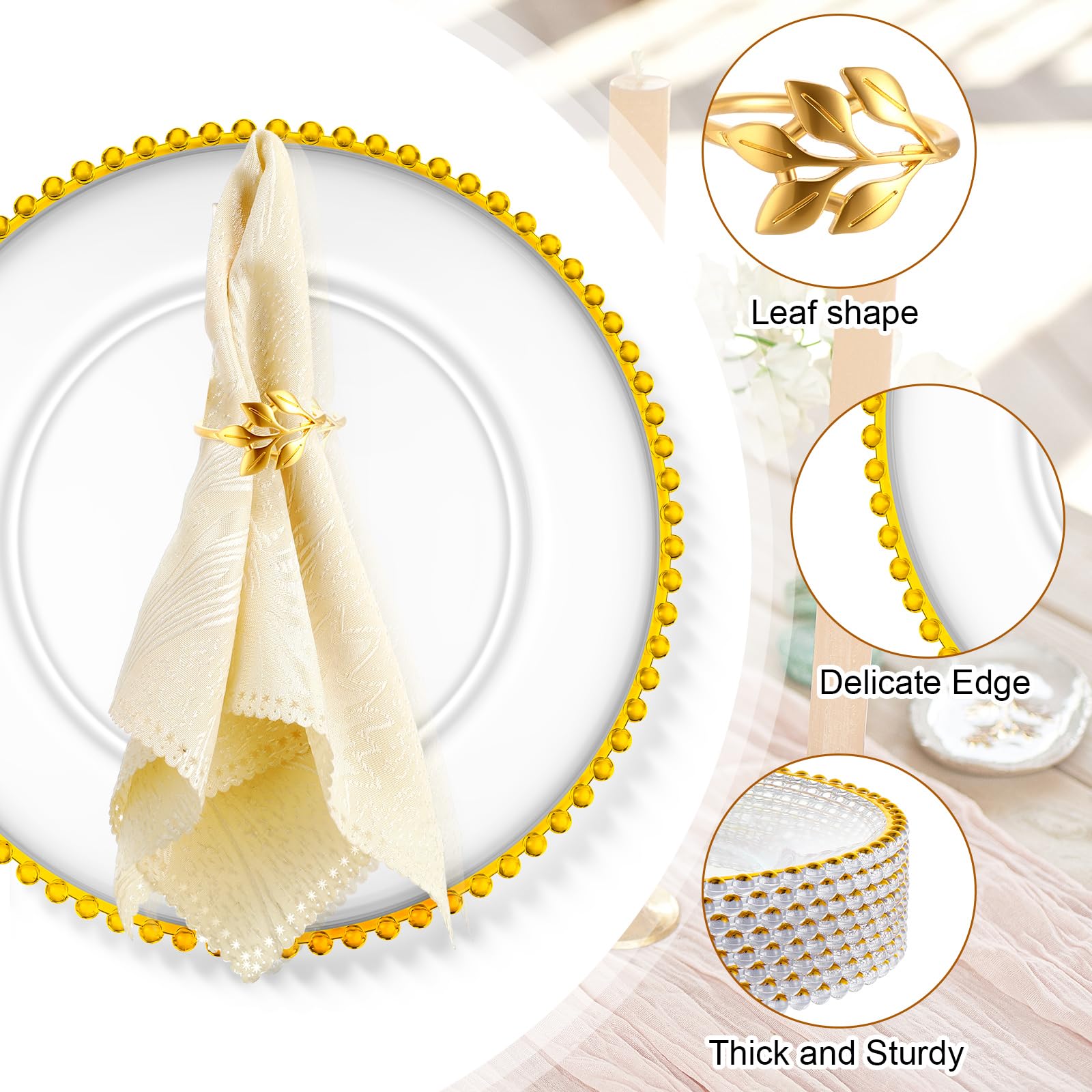Bokon 50-Pack Clear Acrylic Charger Plates 13 Inch - Elegant Beaded Plastic Dinner Plates with Gold Napkin Rings - Perfect for Weddings, Thanksgiving & Party Decor (Clear & Gold)