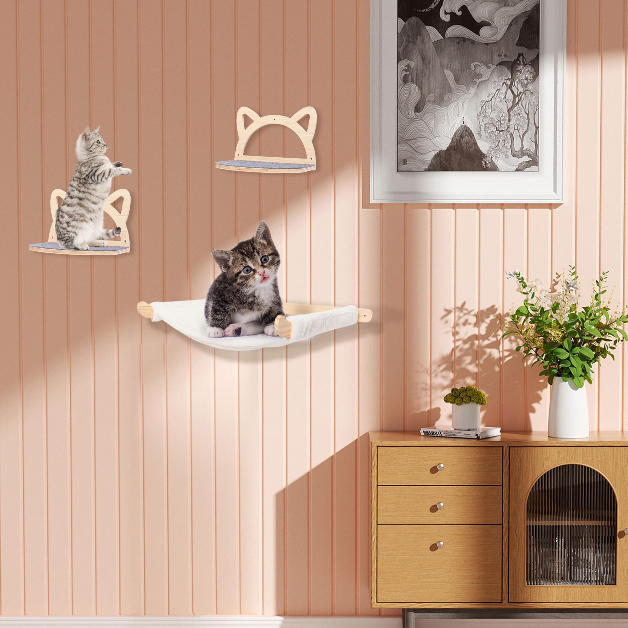 Defined Deco Cat Wall Shelves - Wall Mounted Cat Perches with XXL Hammock & 2 Climbing Steps, Multi-Level Cat Furniture with Scratching Mat for Play, Sleep & Lounge - Perfect for Indoor Cat Climbing, Resting & Exercise in Small Spaces