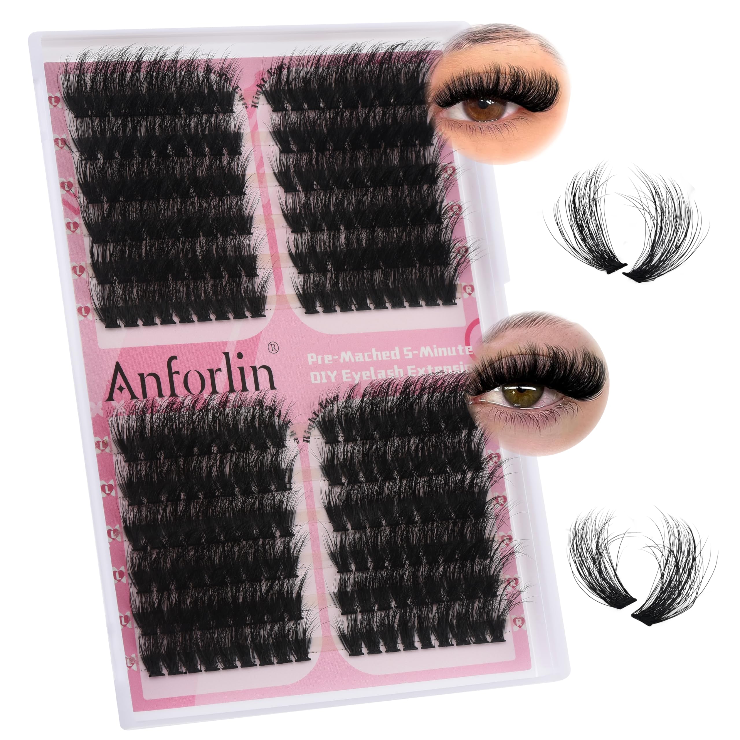 Anforlin 216 PCS 3D Soft DIY Cluster Eyelash Extensions - 12-20mm D Curl Thick Volume Individual Lashes, 80D+100D Cat Eye Wispy Eyelash Clusters (Left & Right) for Natural & Glamorous Look | Perfect for Home Use, Parties, Weddings & Special Occasions