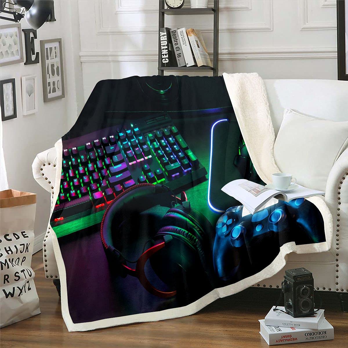 Erosebridal Soft Fleece Gaming Blanket for Gamers - Headset, Mouse, Keyboard & Gamepad Design - Plush Throw Blanket for Kids, Teens, Boys & Girls - Perfect for Sofa, Bed Decor or Travel - Cozy Twin Size 60