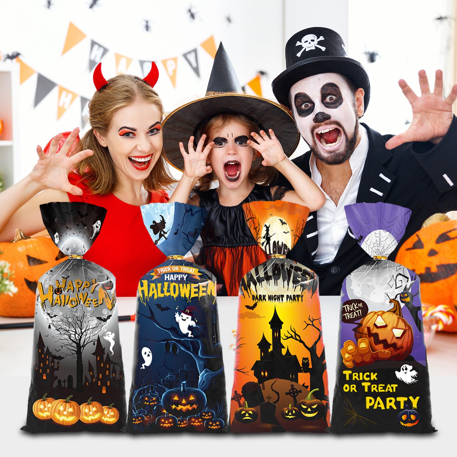 Artby7 Halloween Treat Bags - 50 Pack Scary Design Cellophane Goodie Bags for Trick or Treat, Party Favors & Candy Storage | Pumpkin, Witch & Ghost Themed | Perfect for Halloween Parties, Classroom Treats & Spooky Decorations