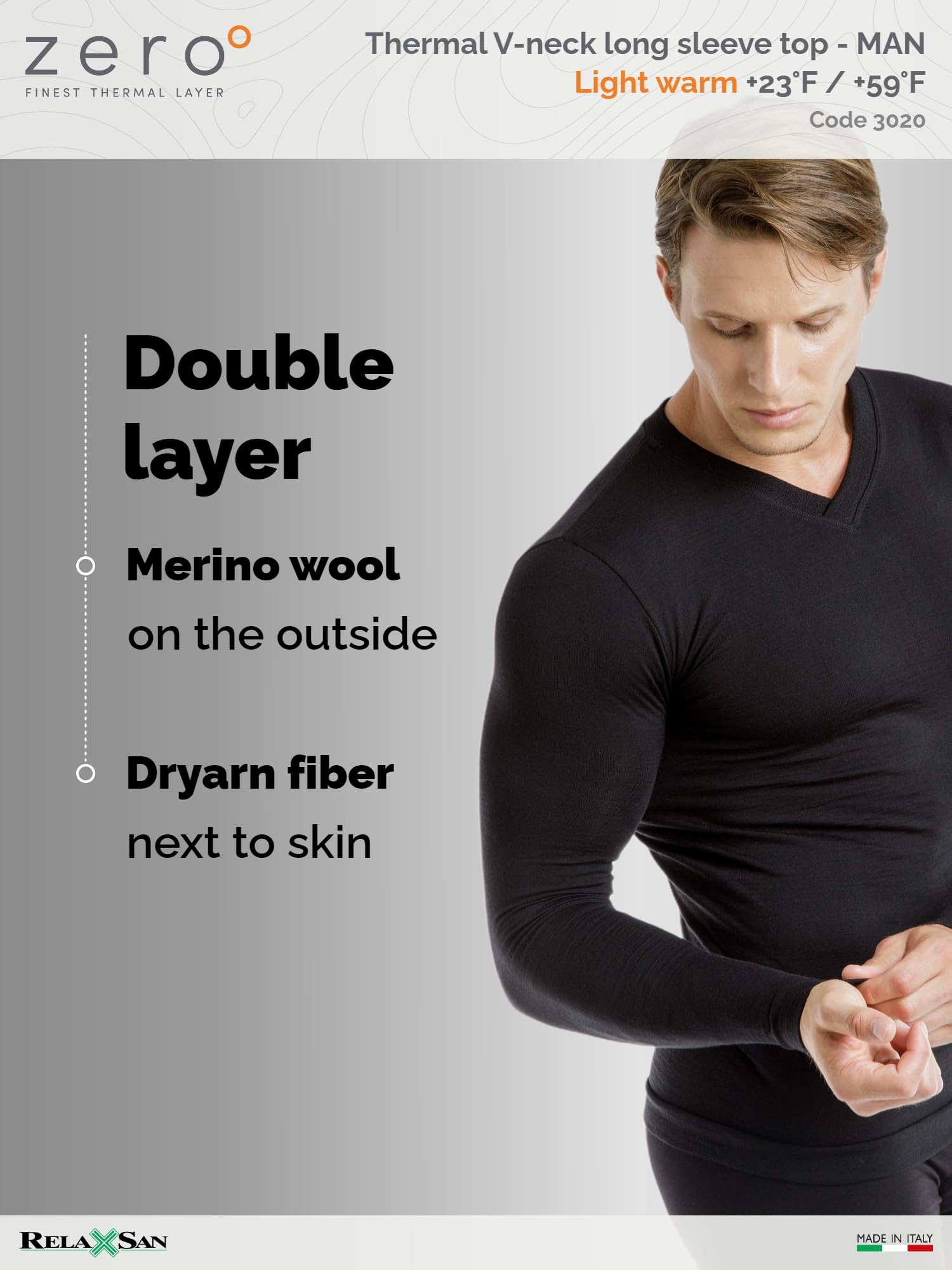Relaxsan Zero 3020 Men's Thermal Long Sleeve Baselayer Shirt - Moisture Wicking Merino Wool & Dryarn Fiber Underwear for Cold Weather | Ideal for Hiking, Skiing & Winter Sports