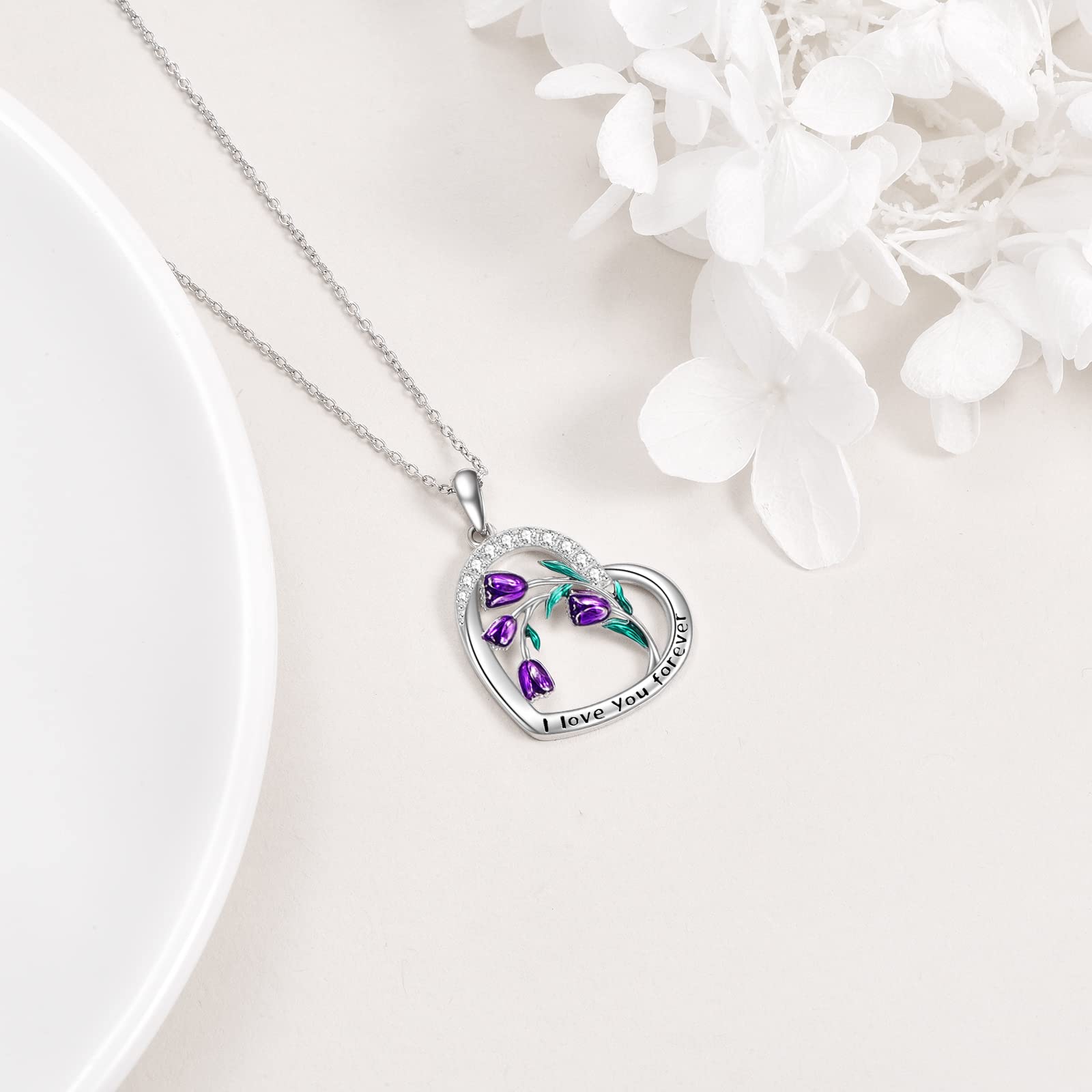 CRMAD Sterling Silver Purple Tulips Necklace with Moonstone & Crystal Cross Flower Pendant - Elegant Jewelry Gift for Mother's Day, Birthday, Anniversary | Perfect for Weddings, Parties & Special Occasions