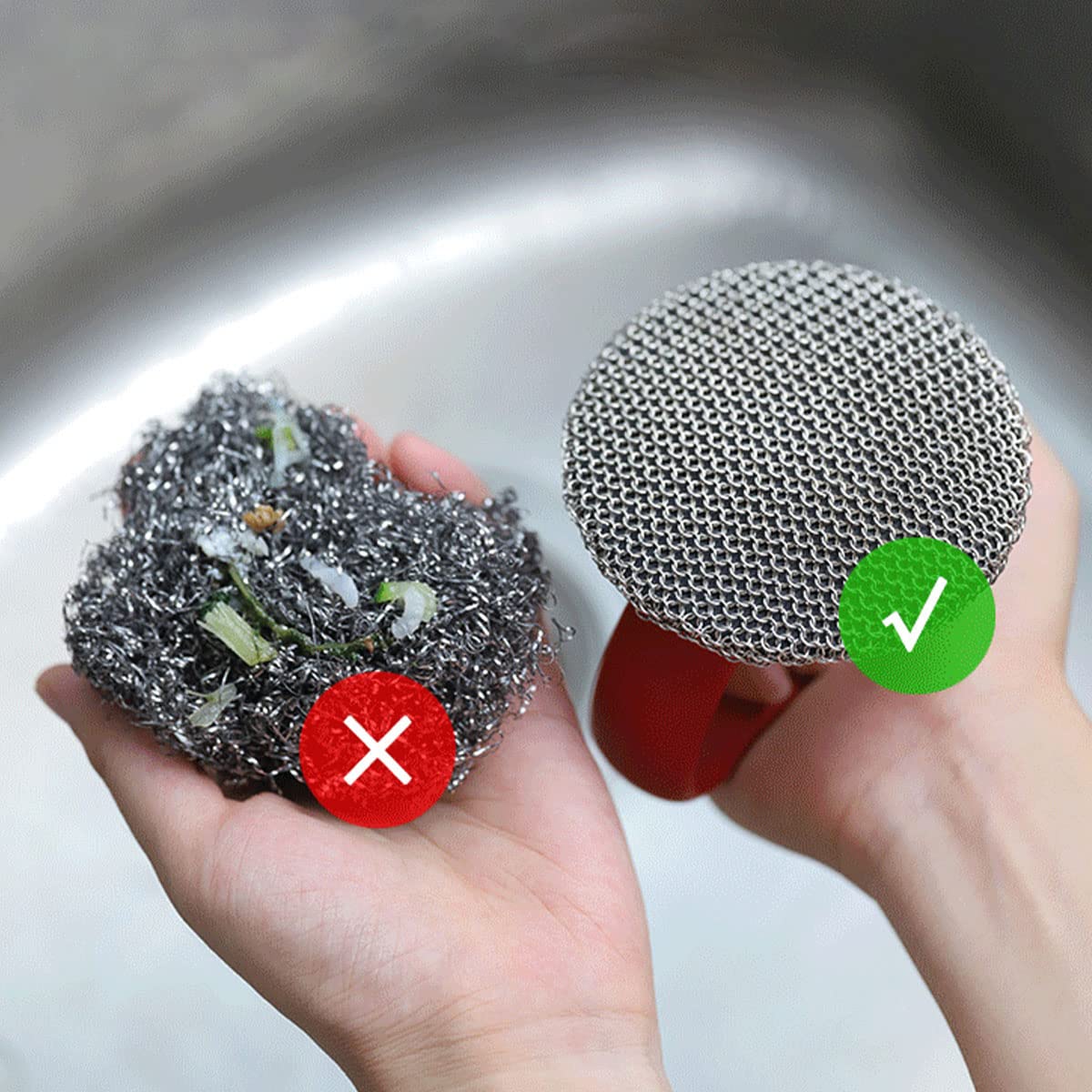 Premium 316 Stainless Steel Cast Iron Scrubber with Ergonomic Handle - Heavy Duty Chainmail Scrubber for Pots, Pans, Bakeware & Grill Cleaning - Rustproof Steel Wool Alternative for Kitchen & Outdoor Cooking