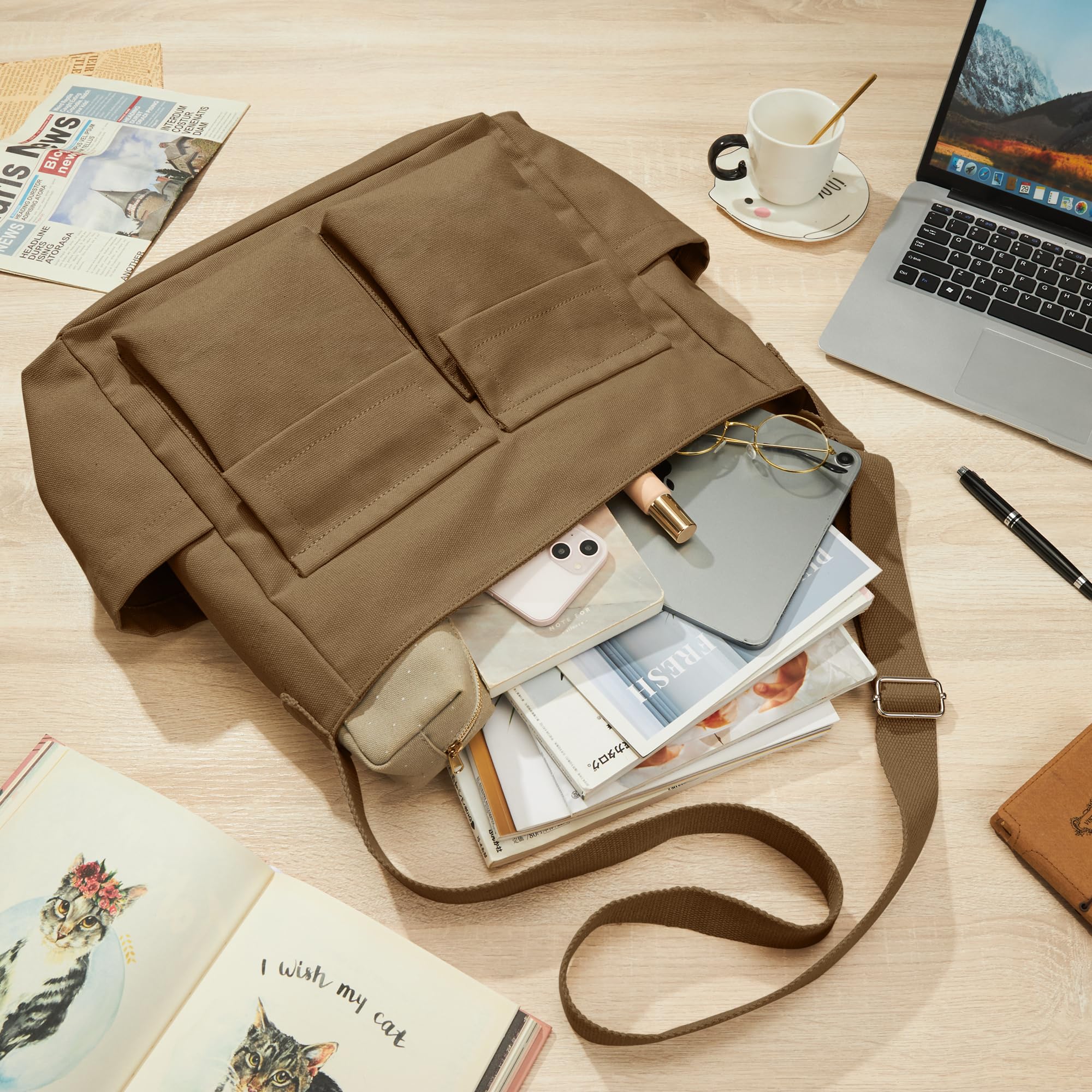 KALIDI Canvas Tote Bag - Large Crossbody Messenger Bag for Women & Men - Durable Casual Shoulder Bag for College, Work & Daily Use - Perfect for Shopping, Travel & Commuting
