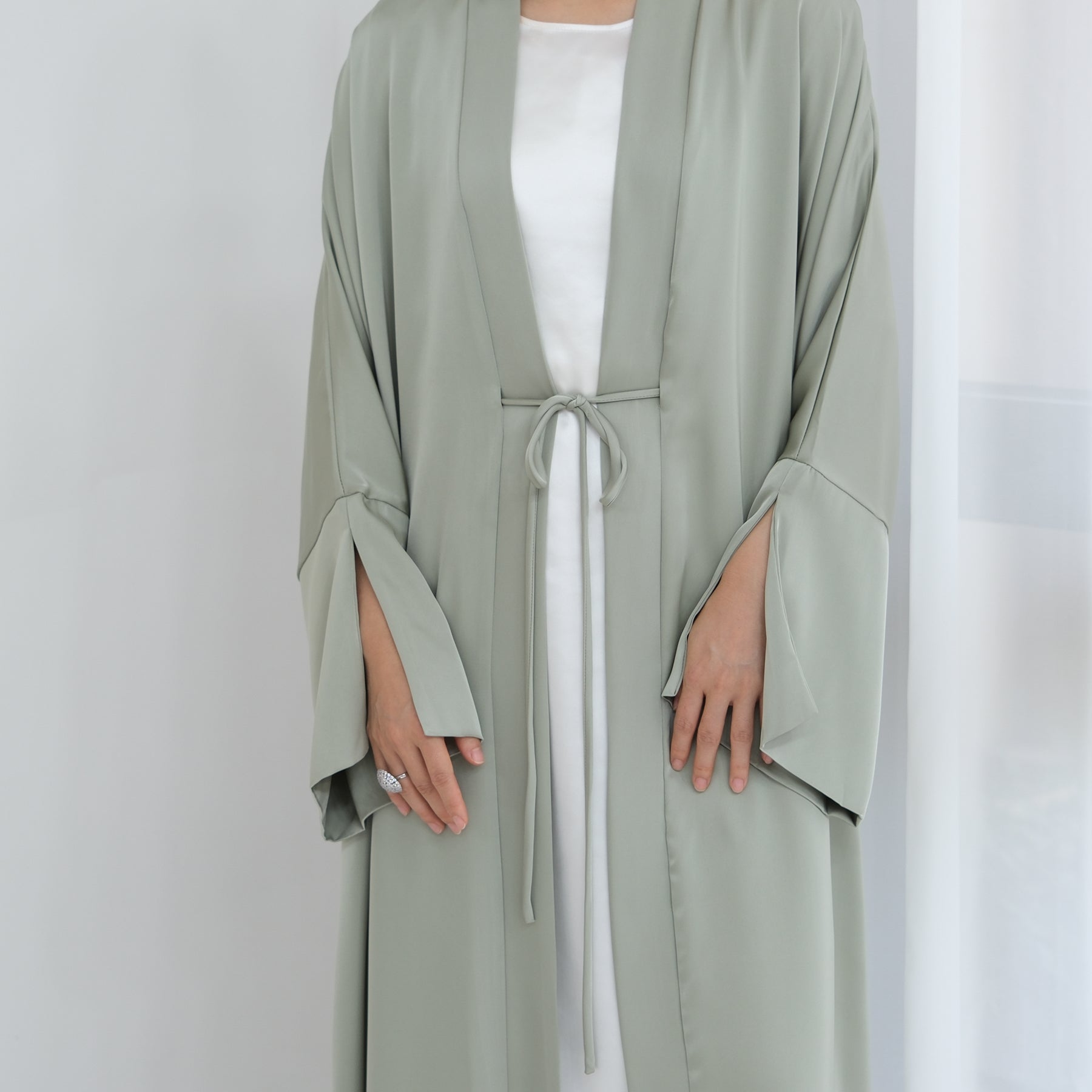 Lavinia Satin Open Abaya for Women - Elegant Long Flowy Prayer Dress - Sage Green Islamic Modest Wear for Mosque, Eid & Special Occasions